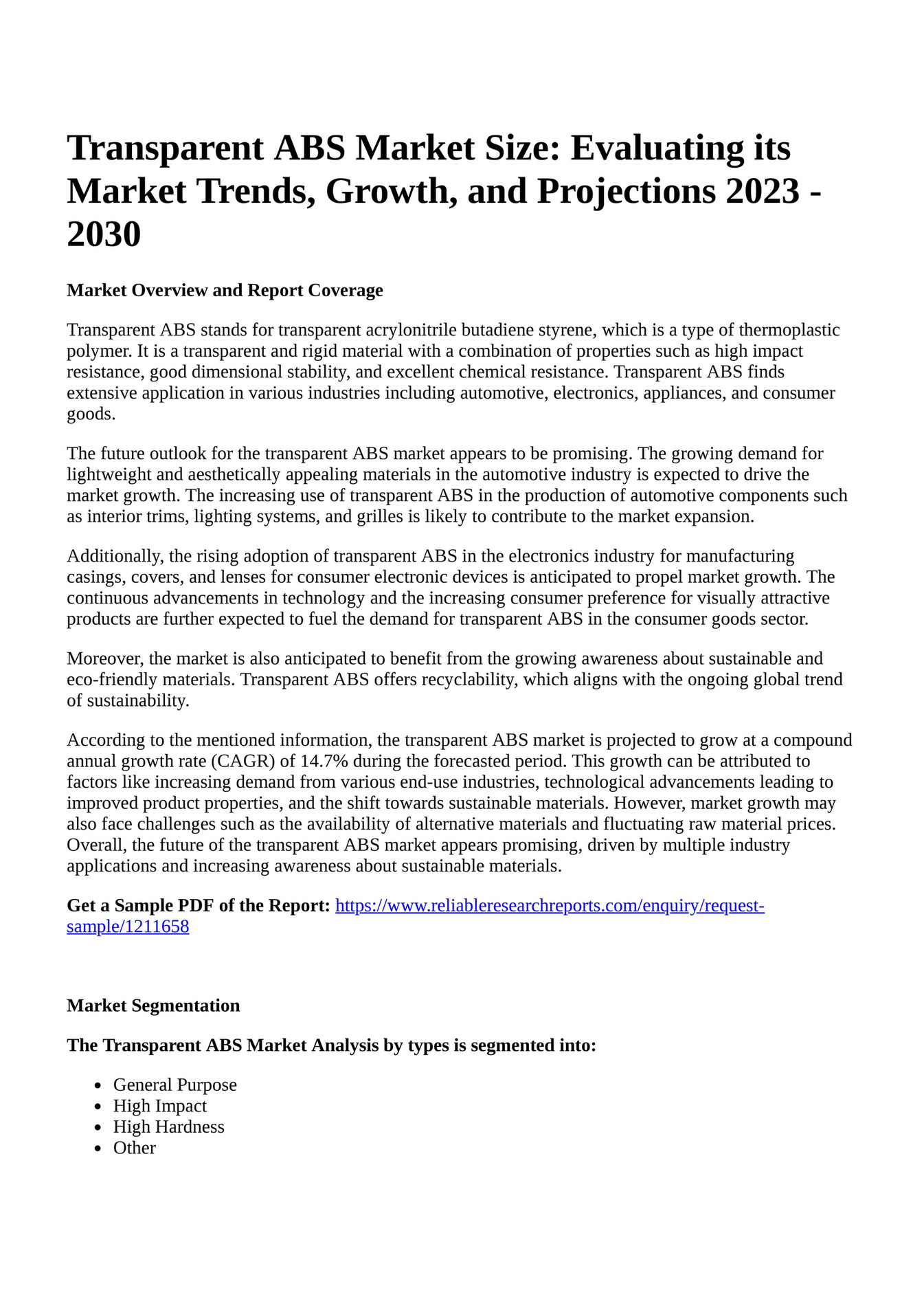 Reportprime Transparent ABS Market Size Evaluating its Market Trends