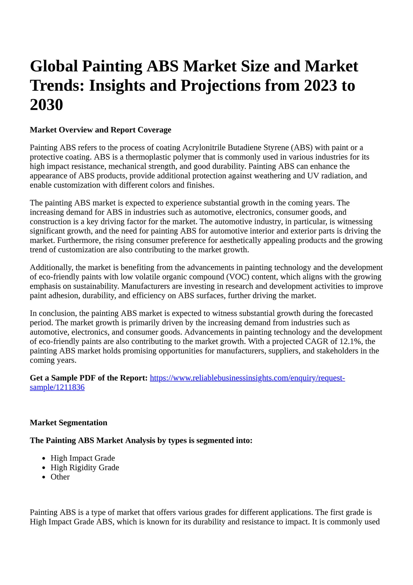 Reportprime Global Painting ABS Market Size and Market Trends