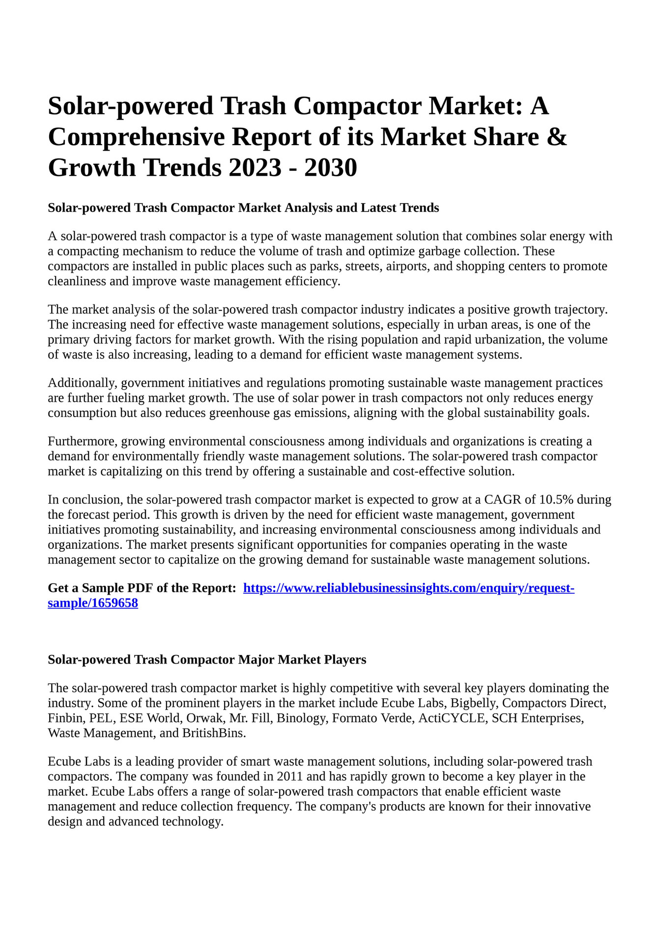 Reportprime Solarpowered Trash Compactor Market A Comprehensive