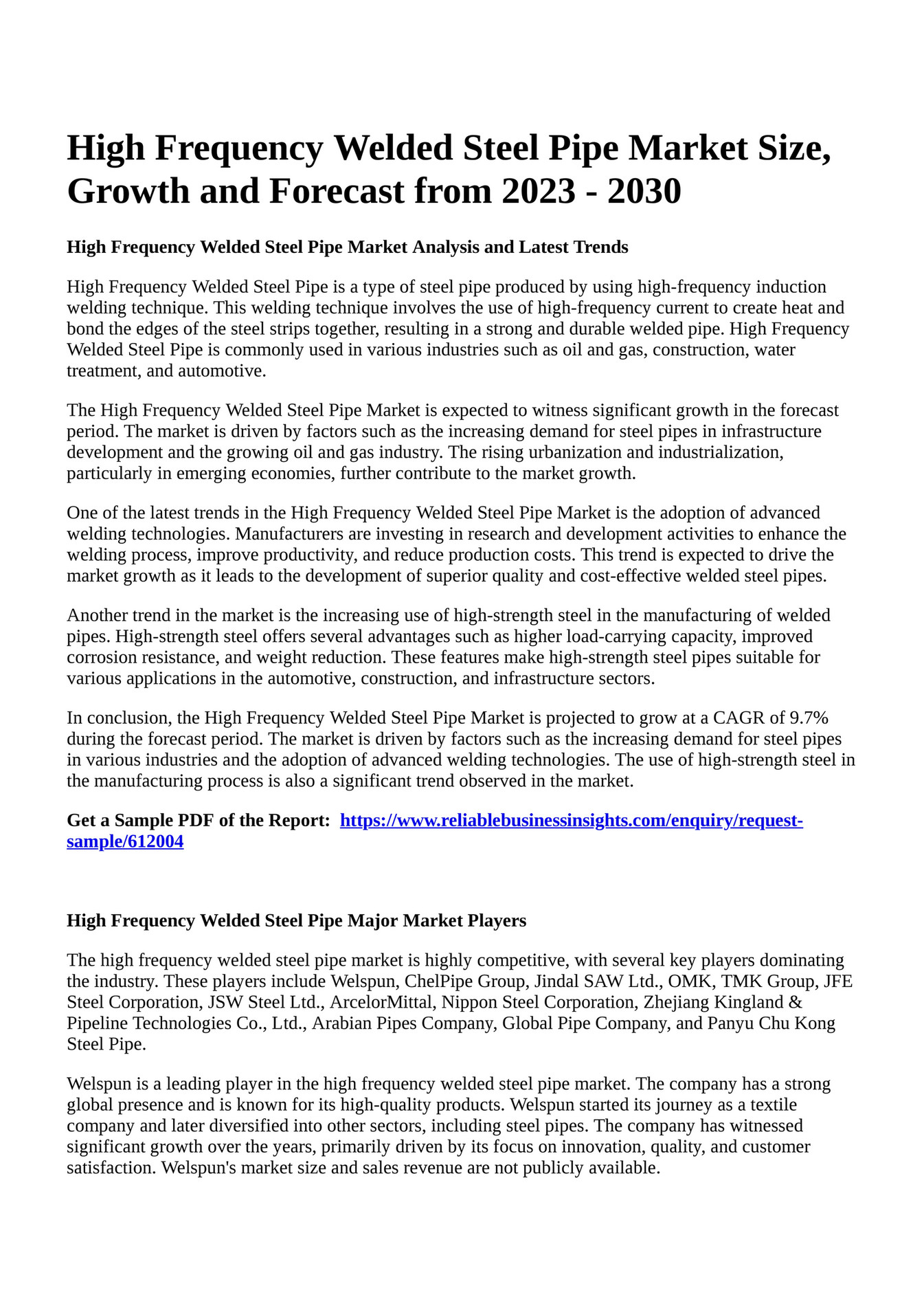 Reportprime High Frequency Welded Steel Pipe Market Size, Growth and