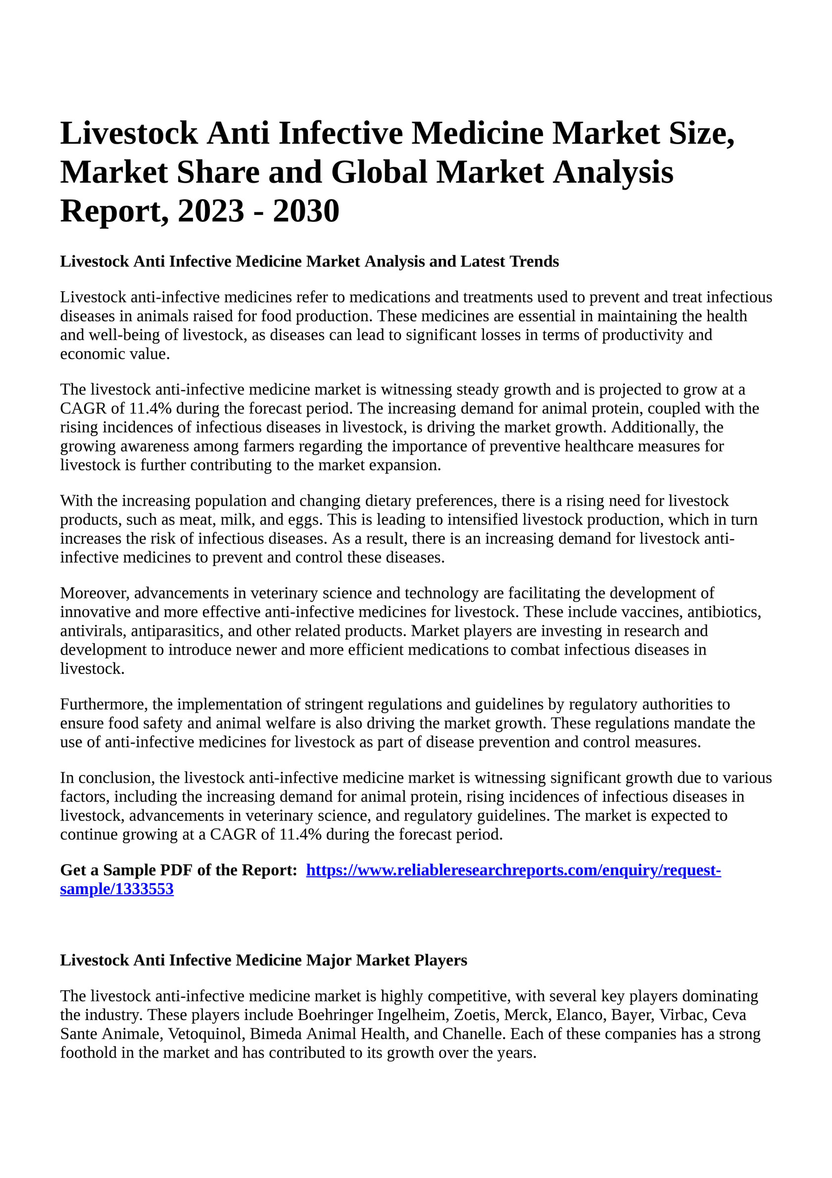 Reportprime - Livestock Anti Infective Medicine Market Size, Market Share  and Global Market Analysis Report, 2023 - 2030 - Page 1