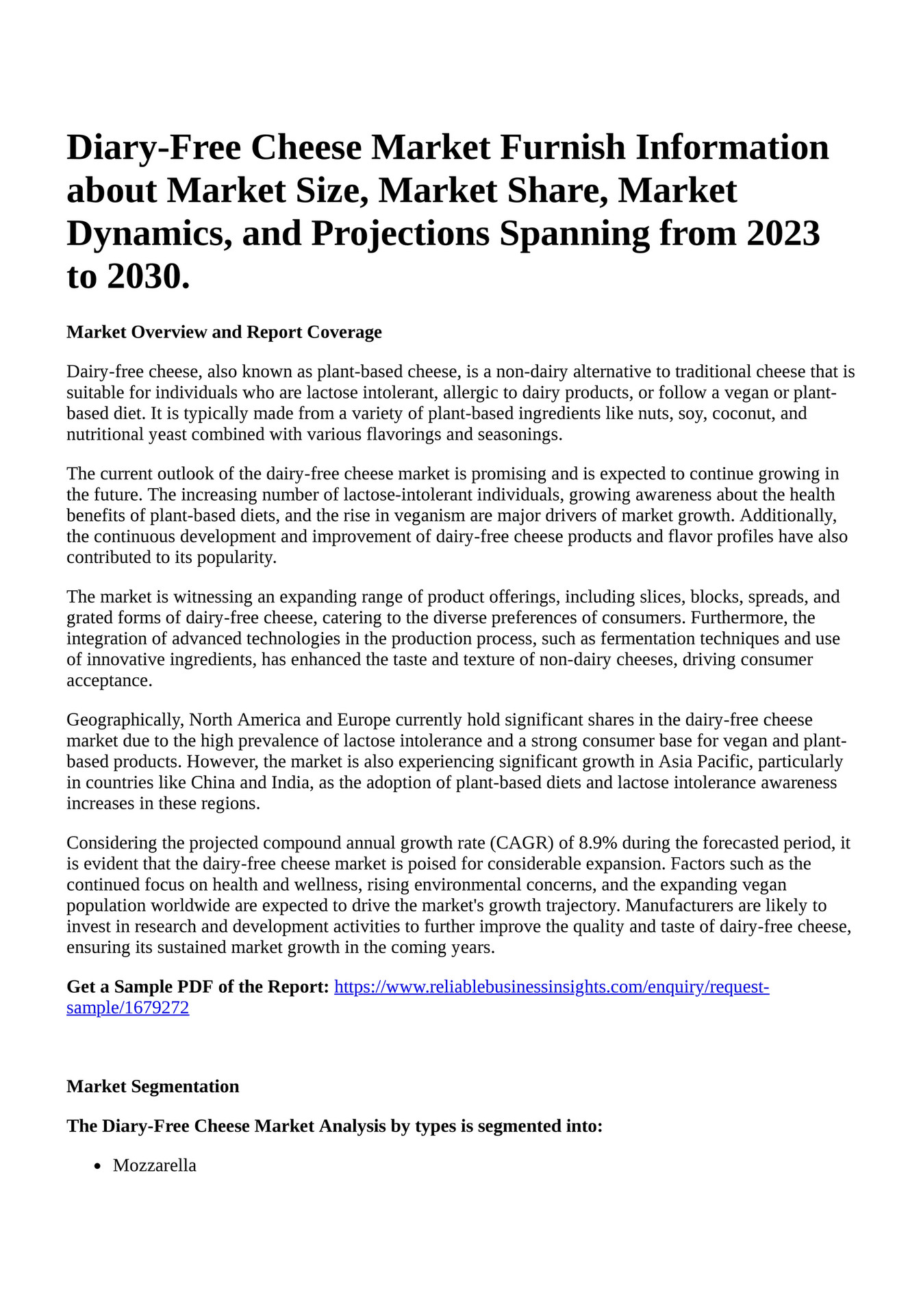 Reportprime DiaryFree Cheese Market Furnish Information about Market