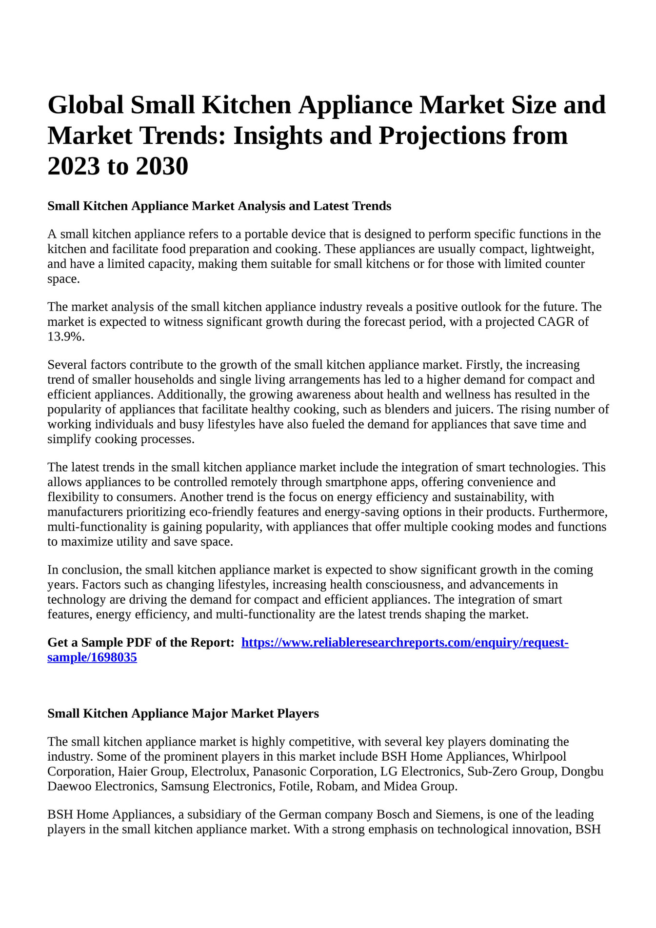 Reportprime Global Small Kitchen Appliance Market Size and Market