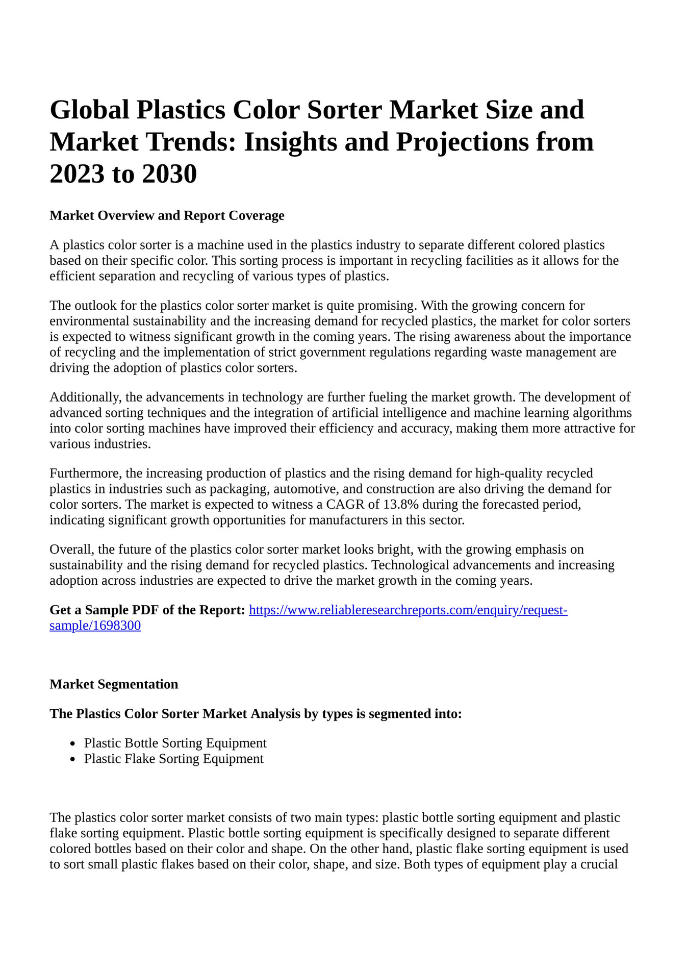 Reportprime Global Plastics Color Sorter Market Size and Market