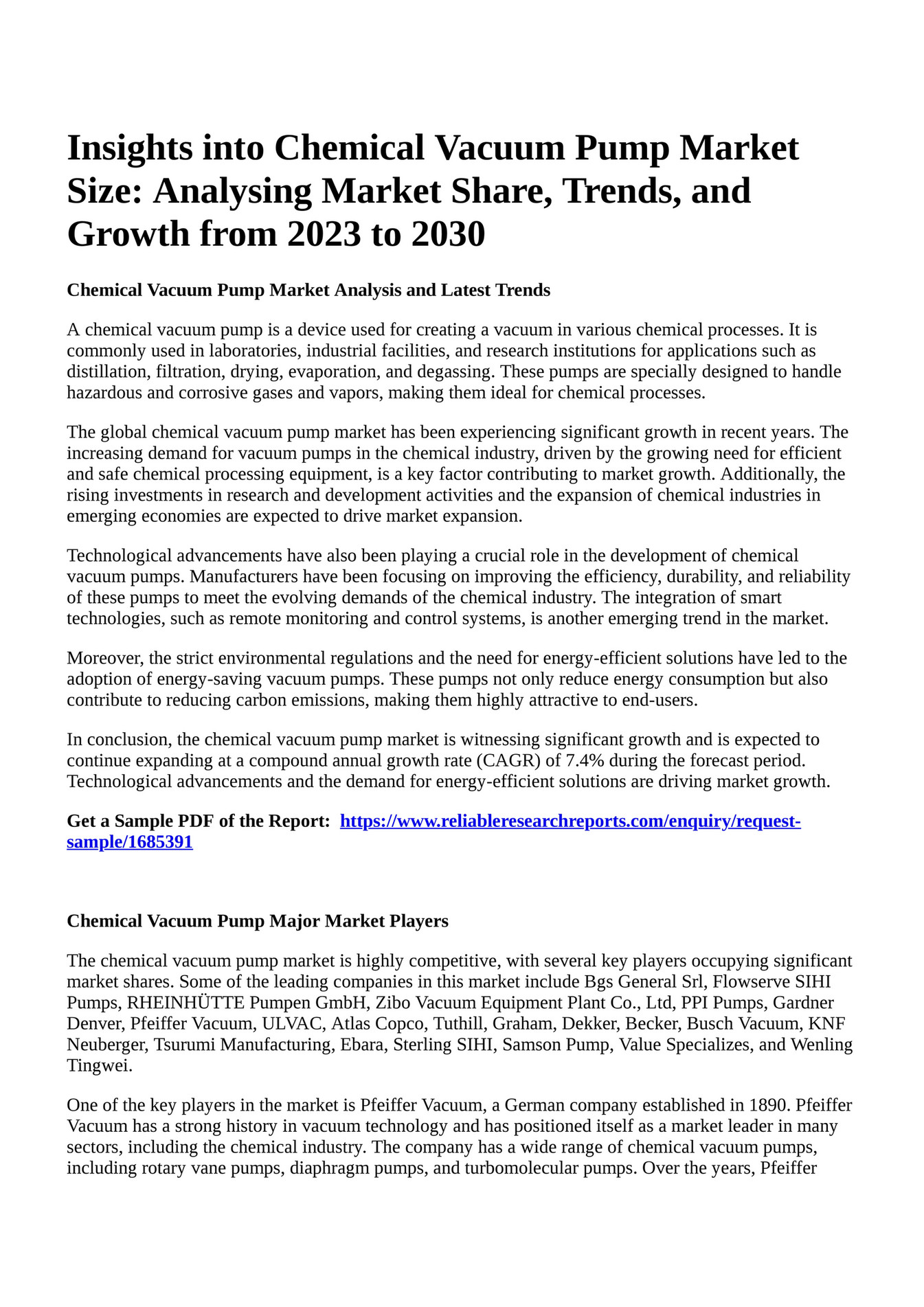 Reportprime Insights into Chemical Vacuum Pump Market Size Analysing Market Share, Trends