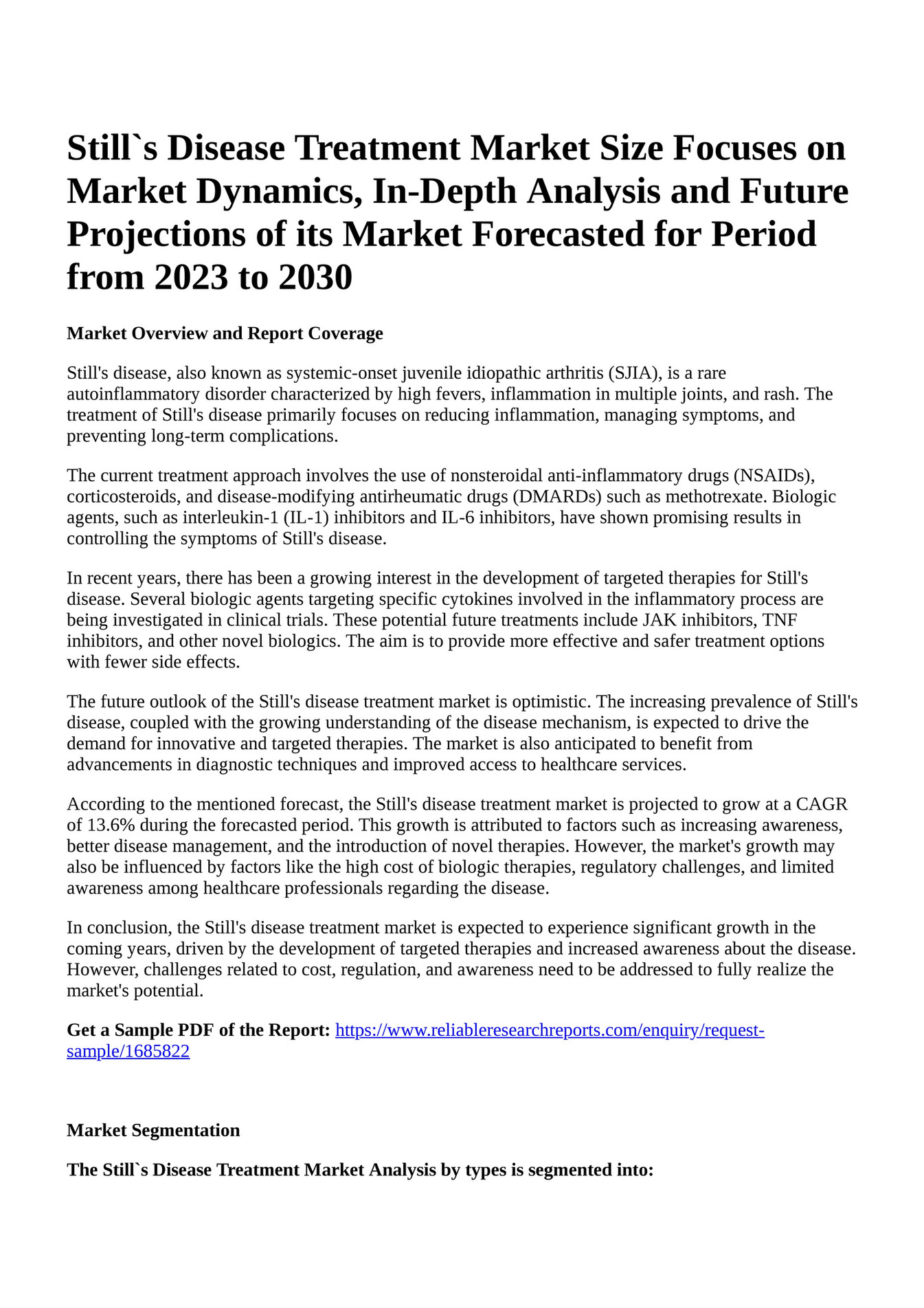 Reportprime Still`s Disease Treatment Market Size Focuses on Market