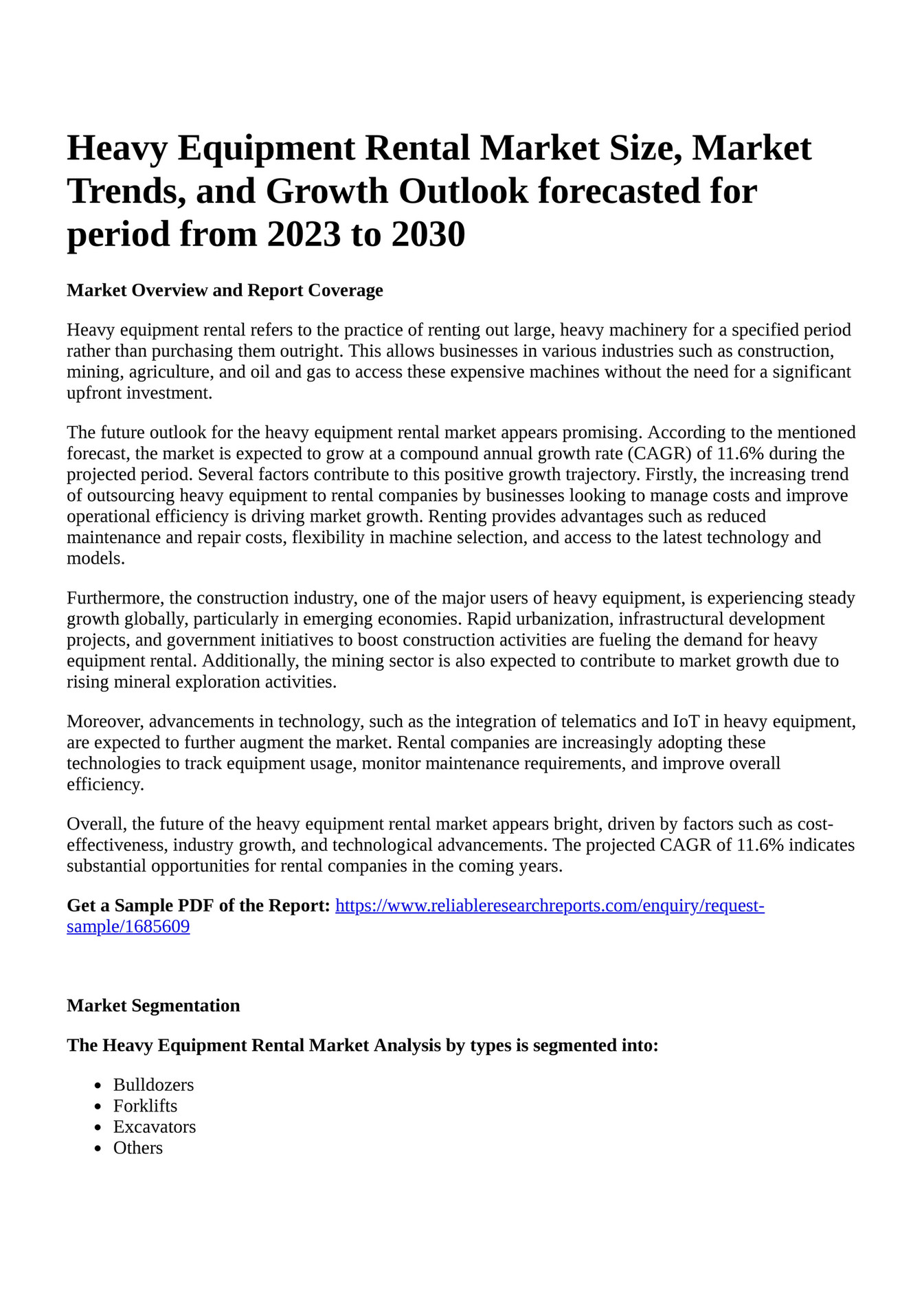 Reportprime Heavy Equipment Rental Market Size, Market Trends, and