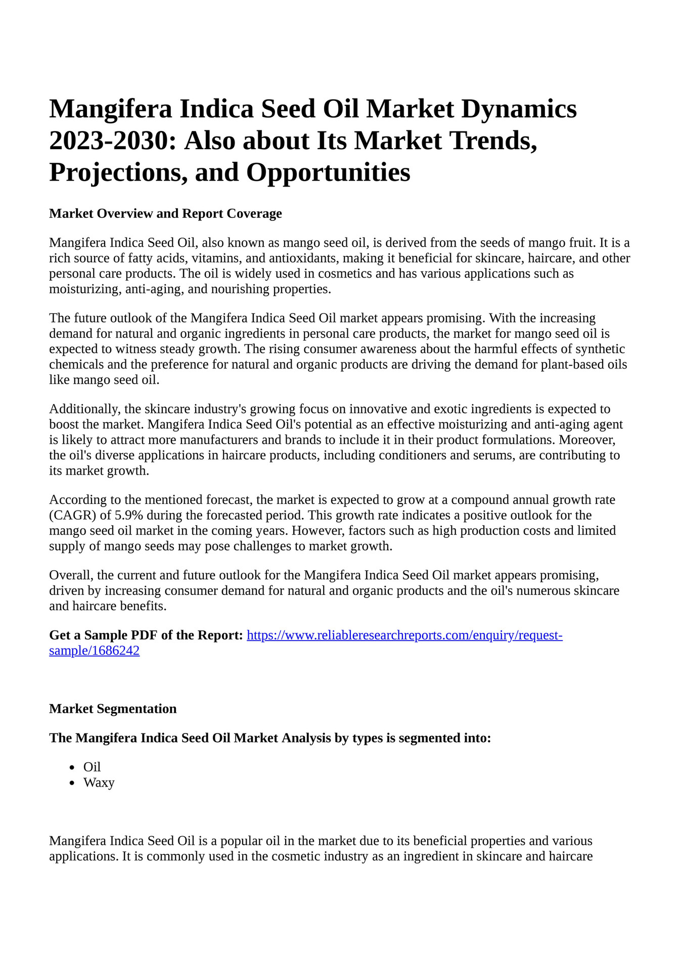 Reportprime Mangifera Indica Seed Oil Market Dynamics 20232030 Also