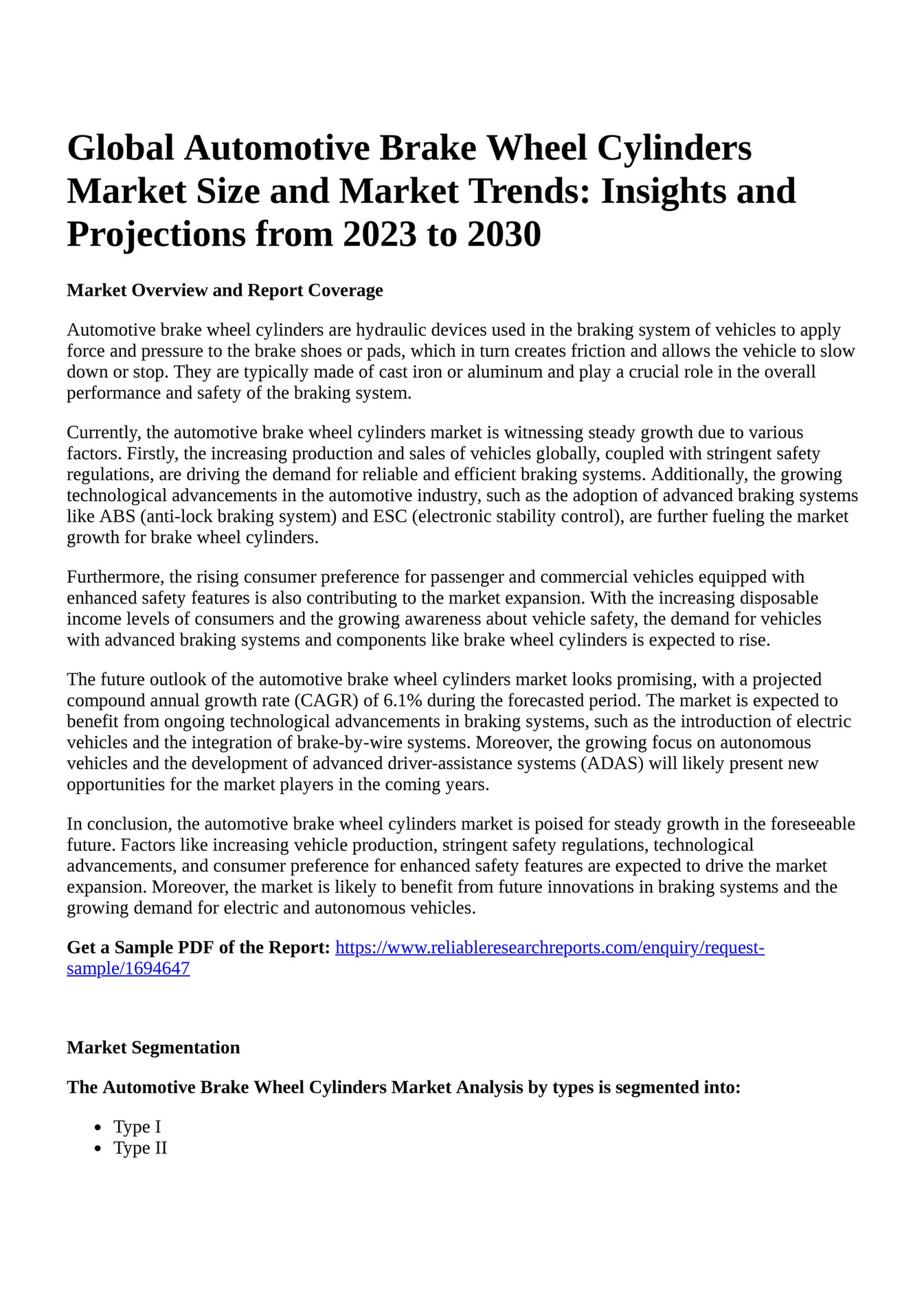 Reportprime Global Automotive Brake Wheel Cylinders Market Size and Market Trends Insights