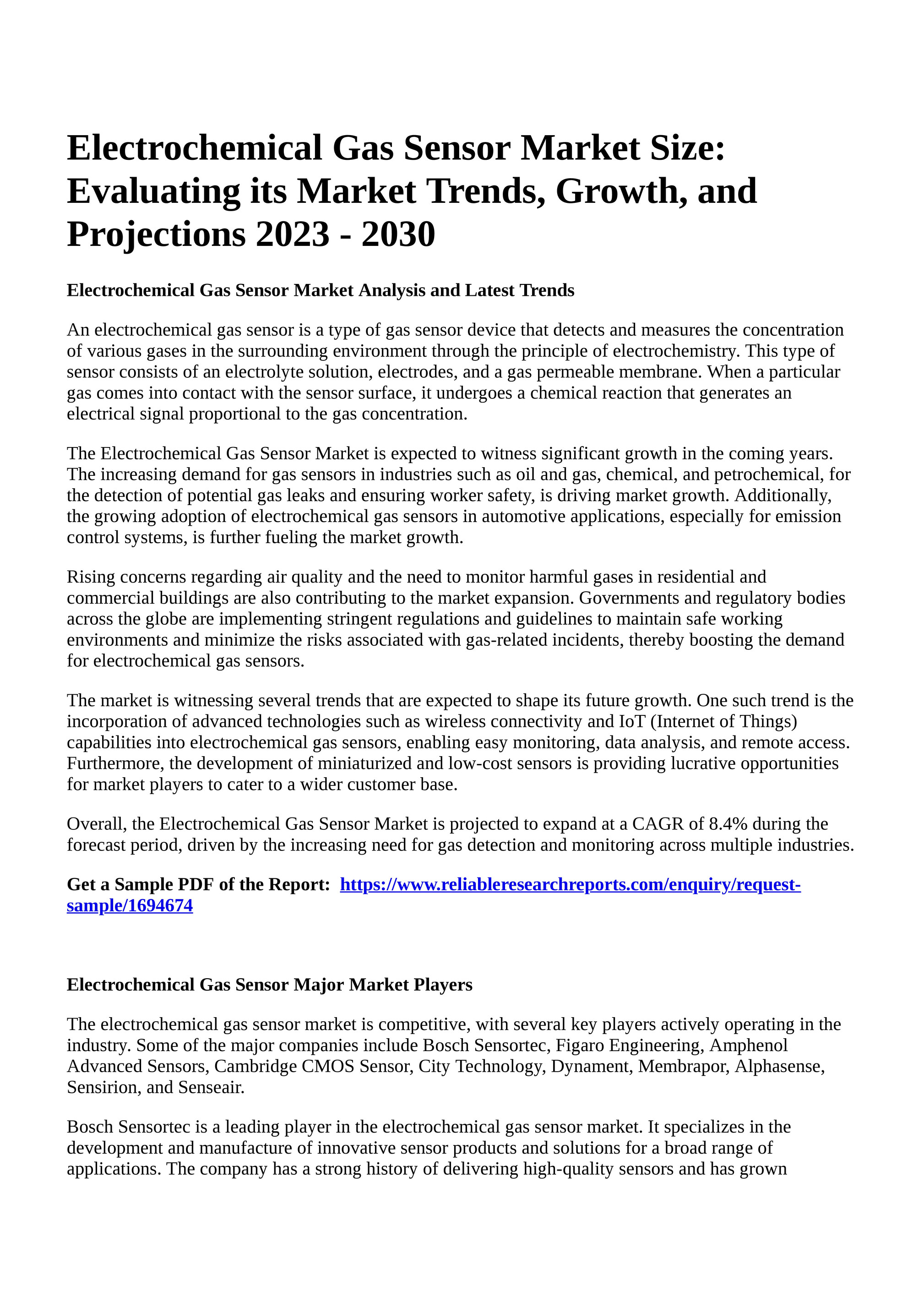 Reportprime - Electrochemical Gas Sensor Market Size: Evaluating its Market  Trends, Growth, and Projections 2023 - 2030 - Page 2-3