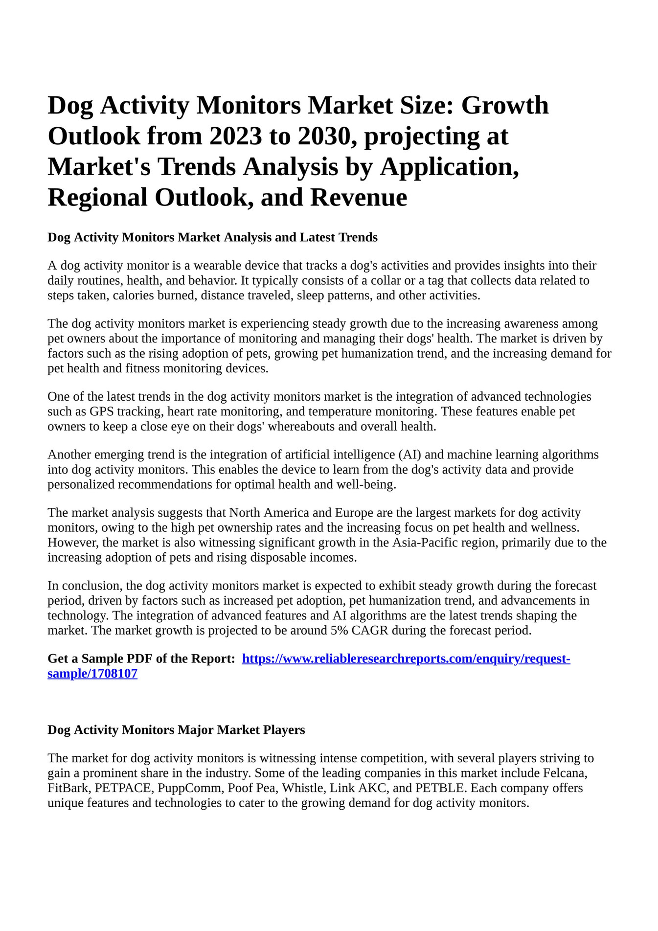 Reportprime Dog Activity Monitors Market Size Growth Outlook from