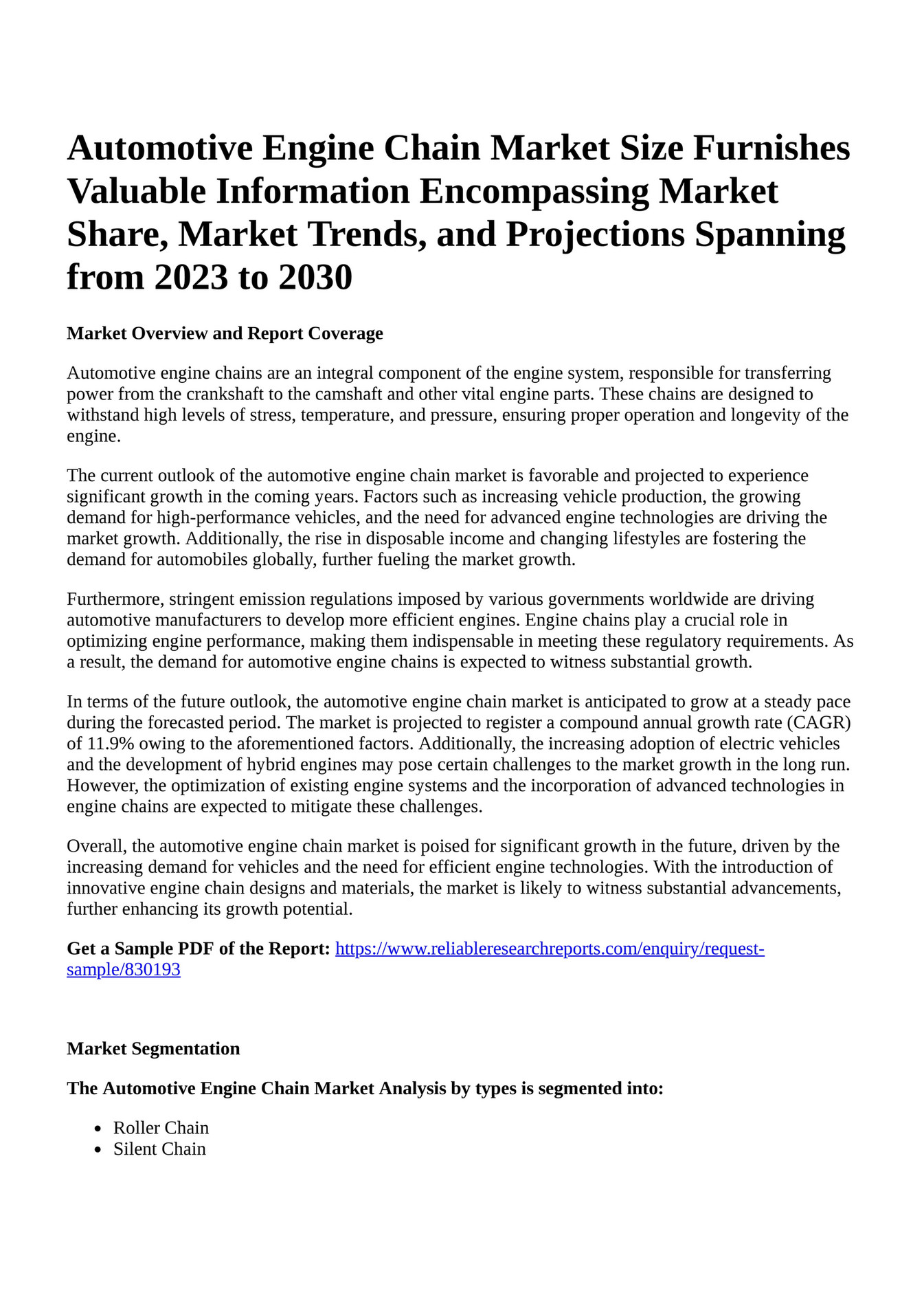 Reportprime Automotive Engine Chain Market Size Furnishes Valuable