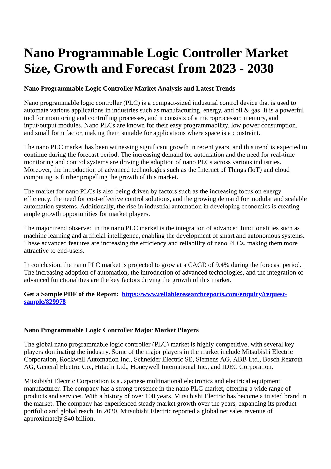 Reportprime Nano Programmable Logic Controller Market Size, Growth