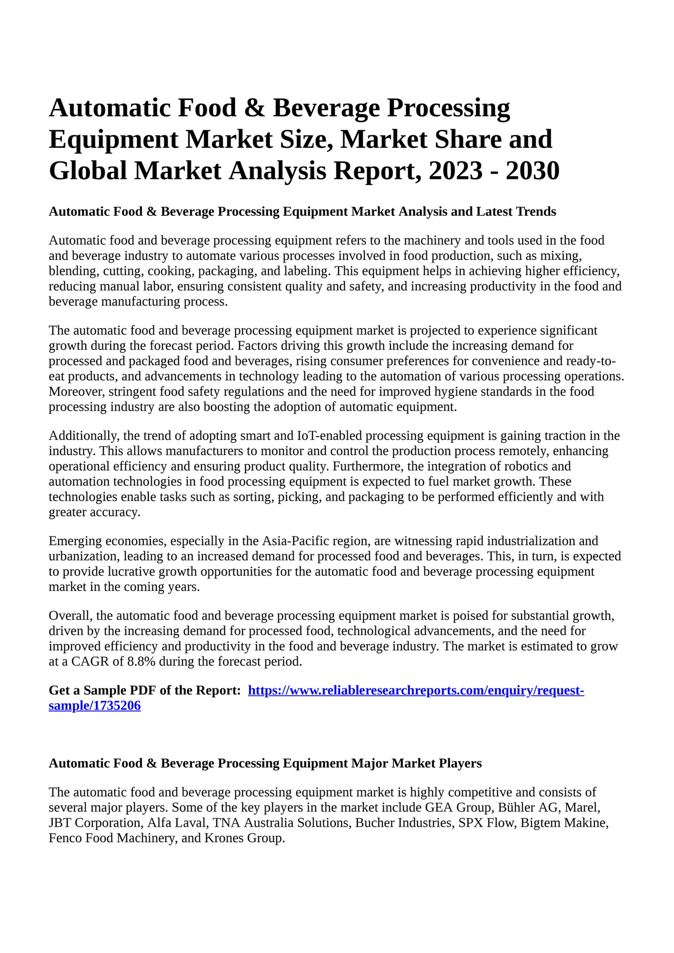 Reportprime Automatic Food & Beverage Processing Equipment Market