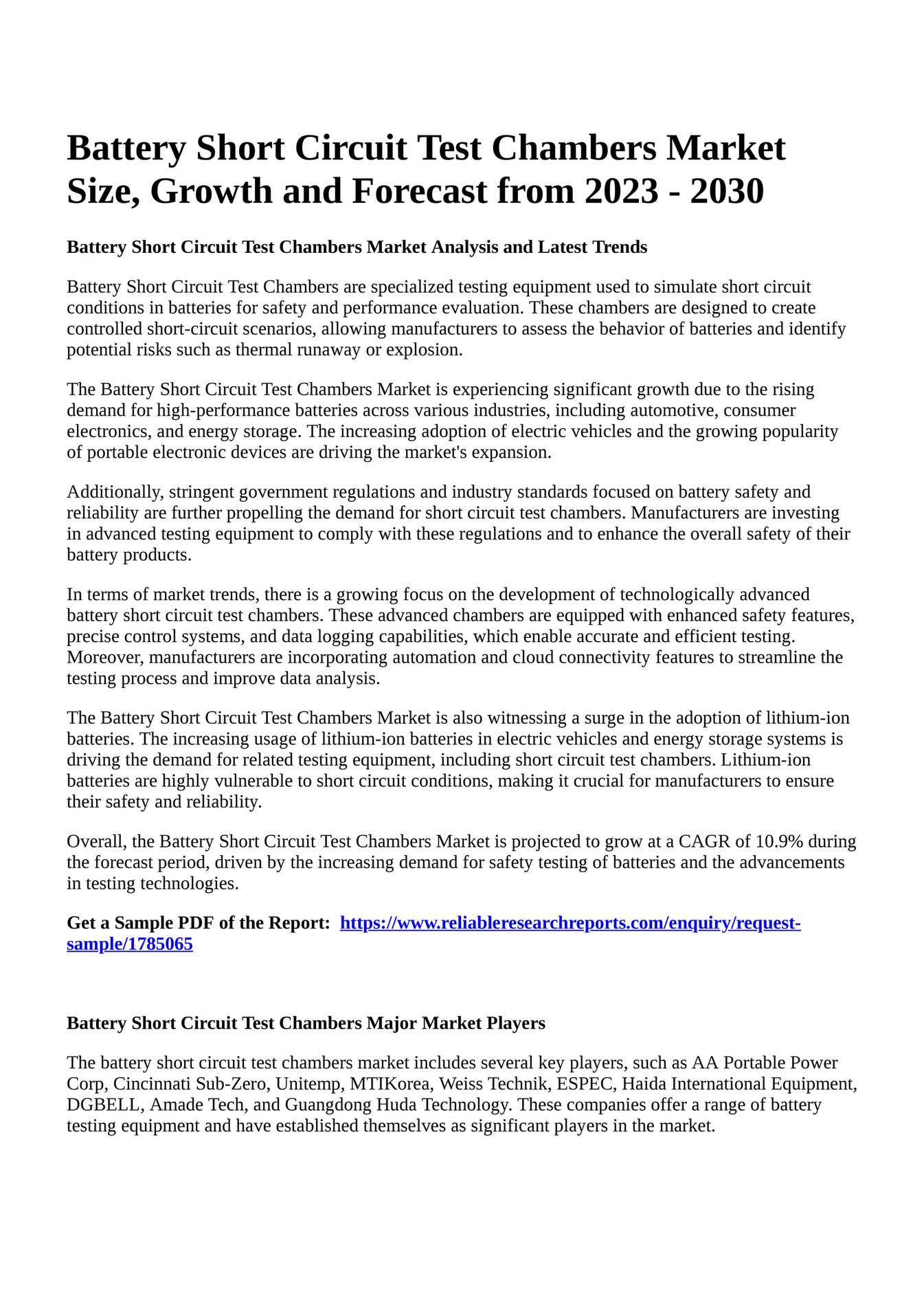 Reportprime Battery Short Circuit Test Chambers Market Size, Growth
