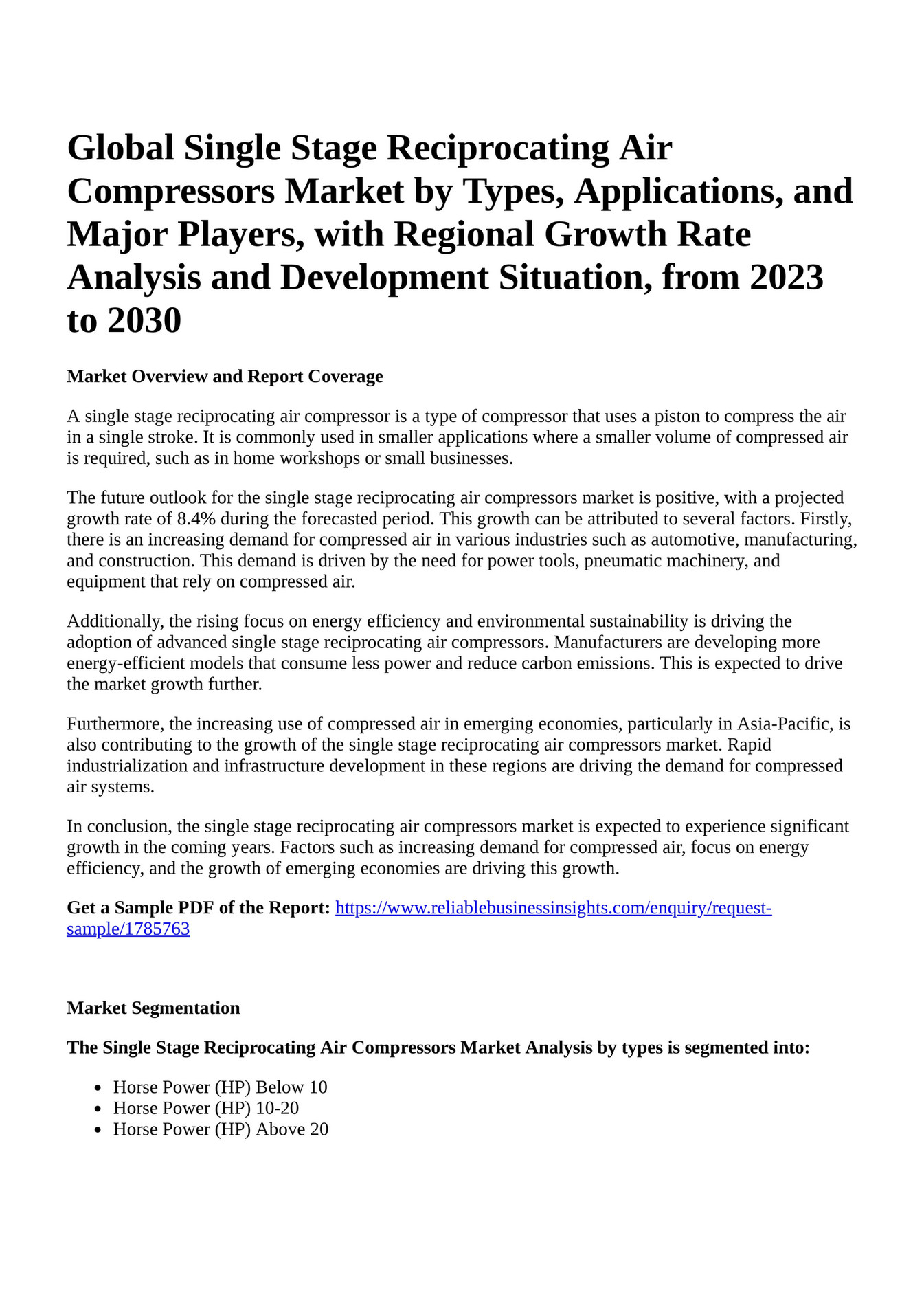Reportprime Global Single Stage Reciprocating Air Compressors Market