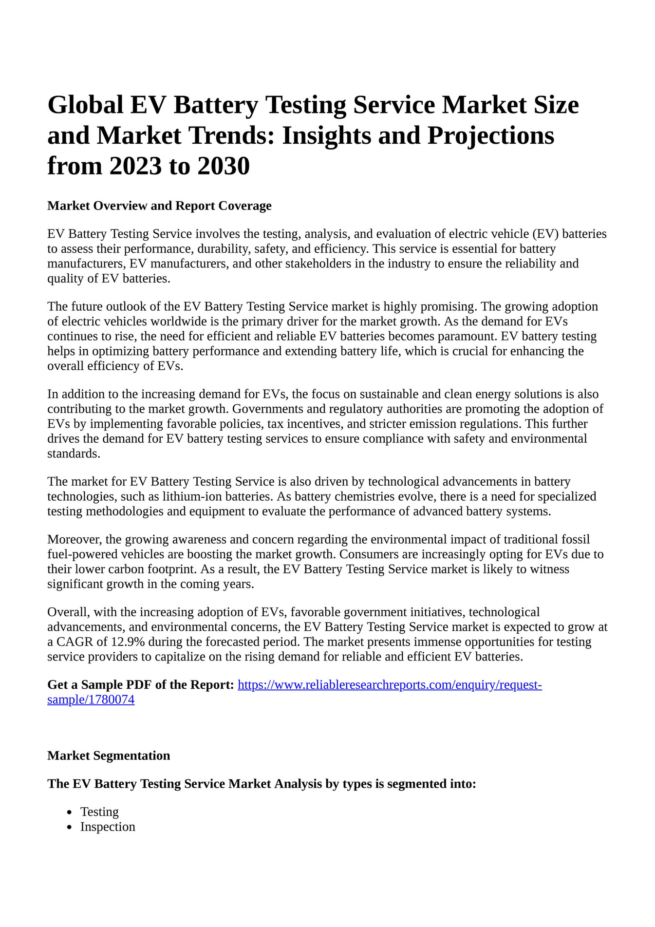 Reportprime Global EV Battery Testing Service Market Size and Market