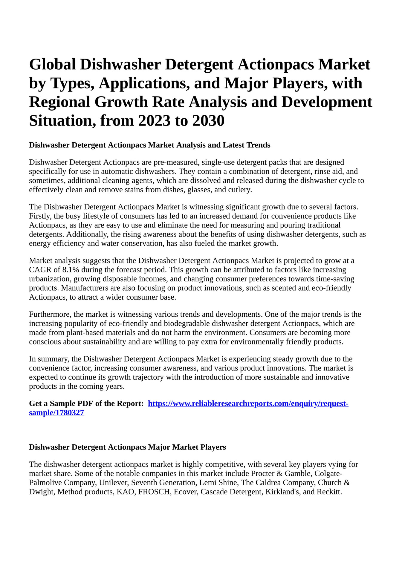 Reportprime Global Dishwasher Detergent Actionpacs Market by Types