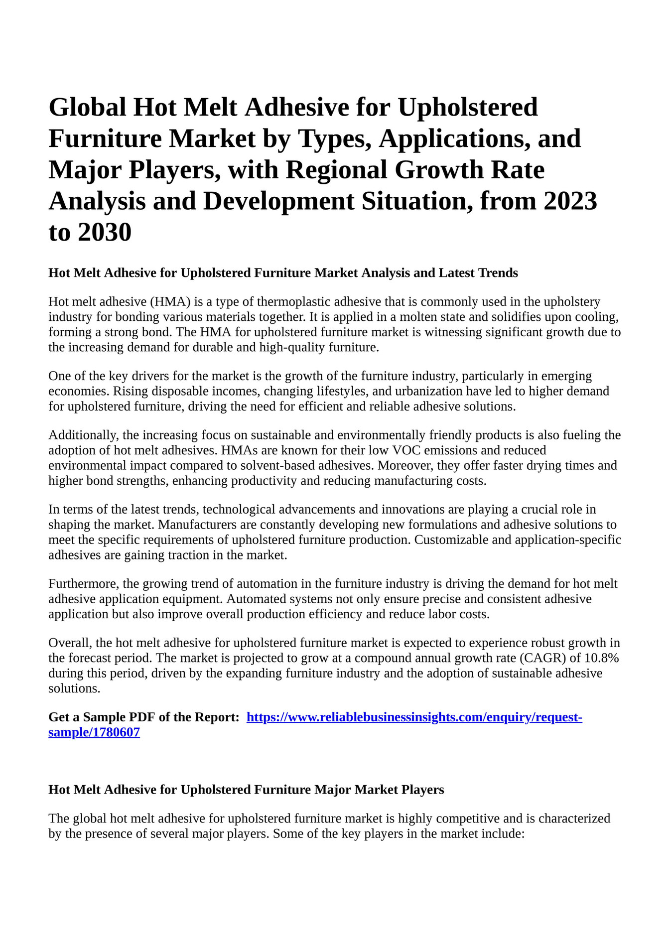 Reportprime Global Hot Melt Adhesive for Upholstered Furniture Market