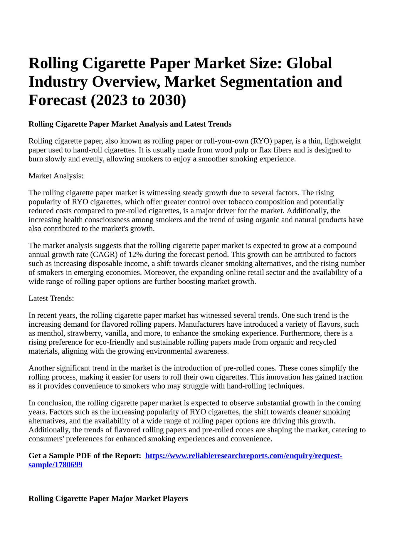 Reportprime Rolling Cigarette Paper Market Size Global Industry