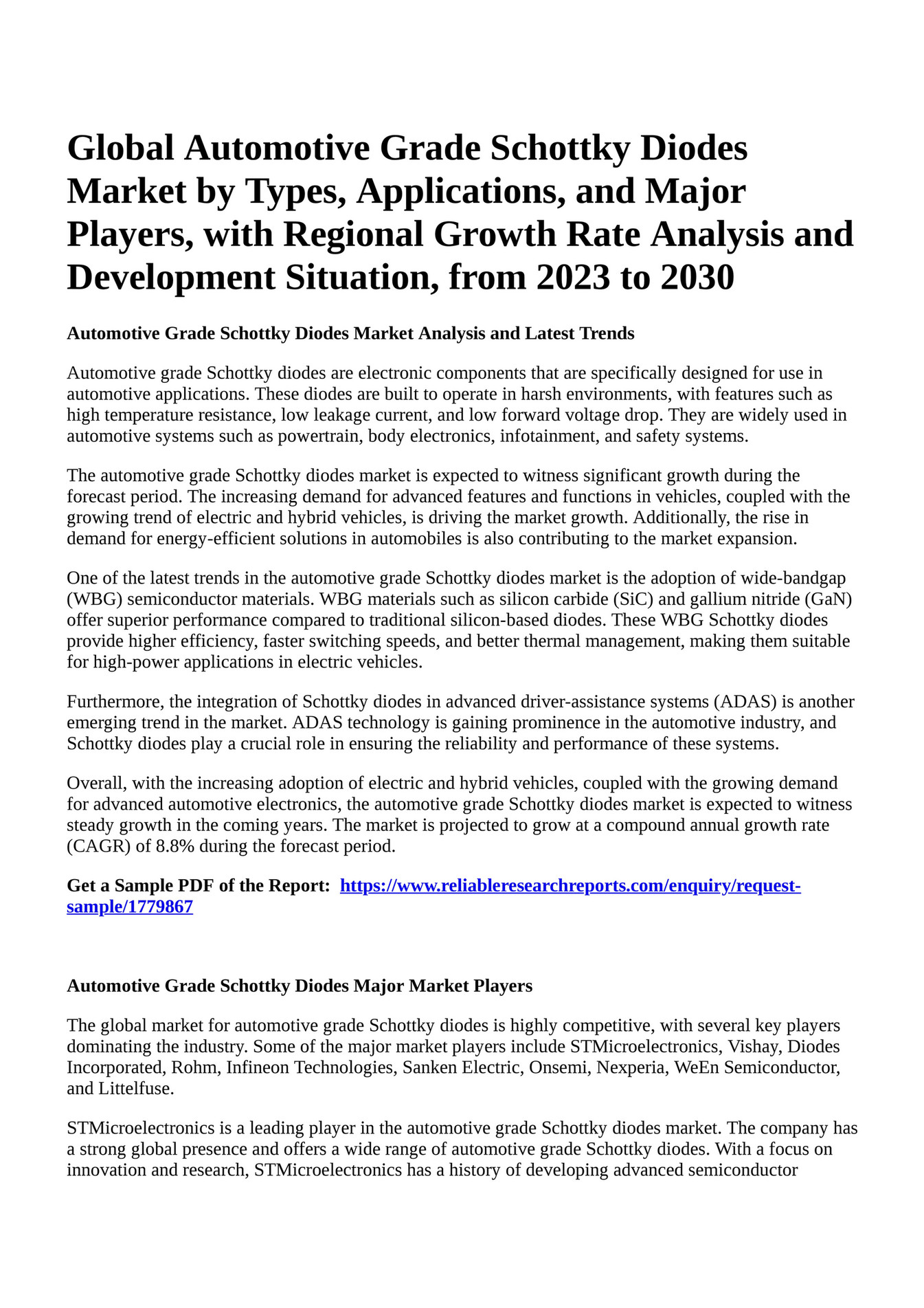 Reportprime Global Automotive Grade Schottky Diodes Market by Types, Applications, and Major