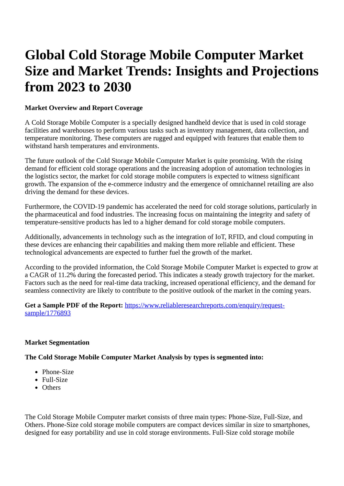 Reportprime Global Cold Storage Mobile Computer Market Size and Market Trends Insights and