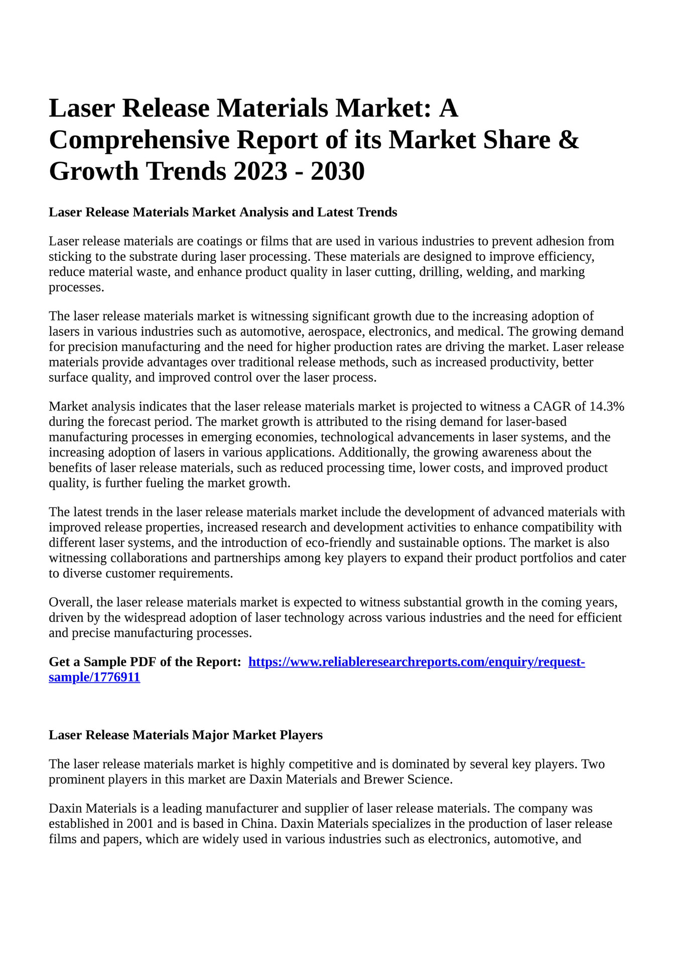 Reportprime Laser Release Materials Market A Comprehensive Report of