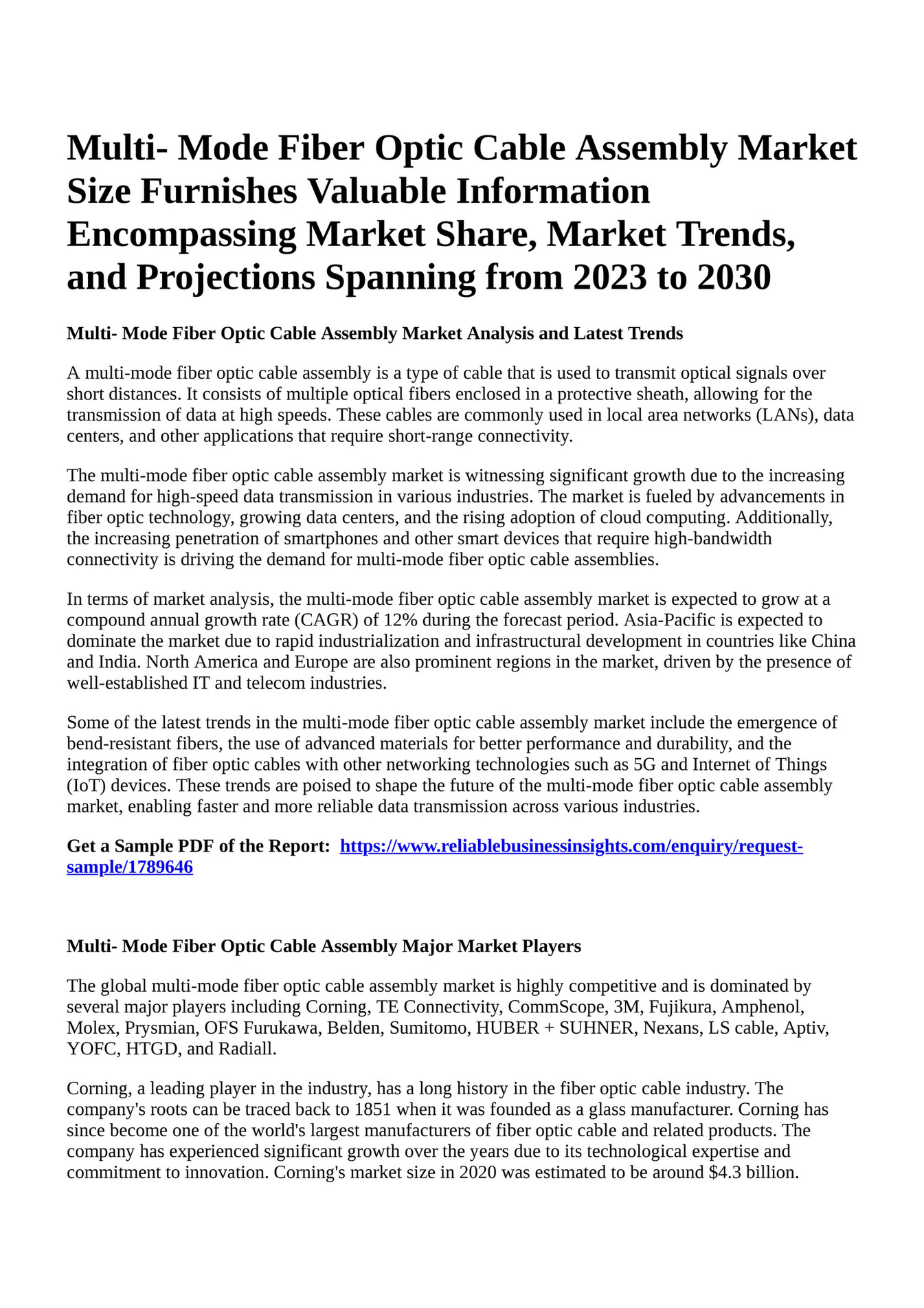 Reportprime Multi Mode Fiber Optic Cable Assembly Market Size