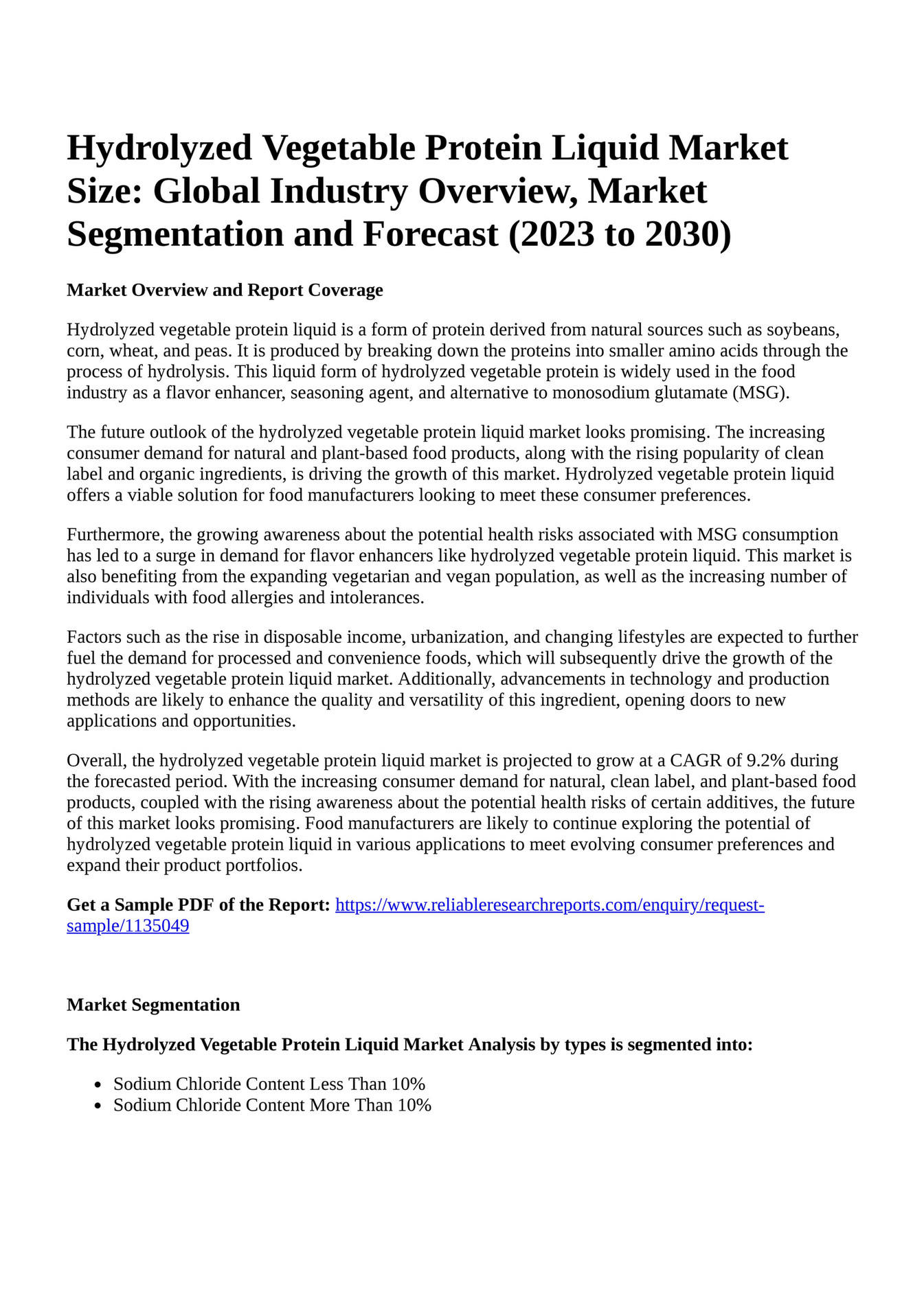Reportprime Hydrolyzed Vegetable Protein Liquid Market Size Global Industry Overview, Market