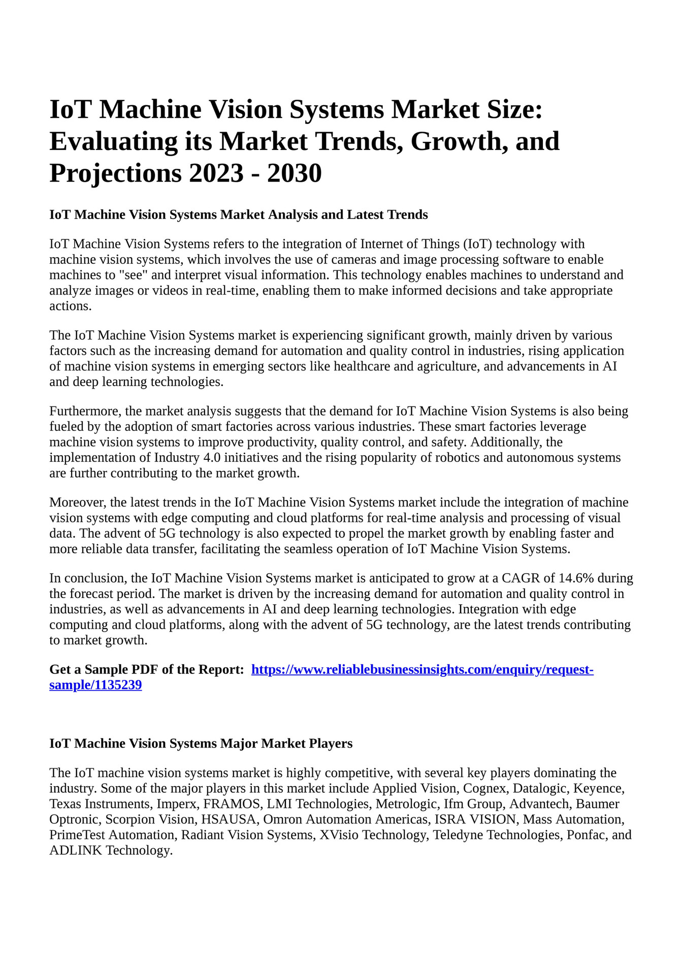 Reportprime IoT Machine Vision Systems Market Size Evaluating its