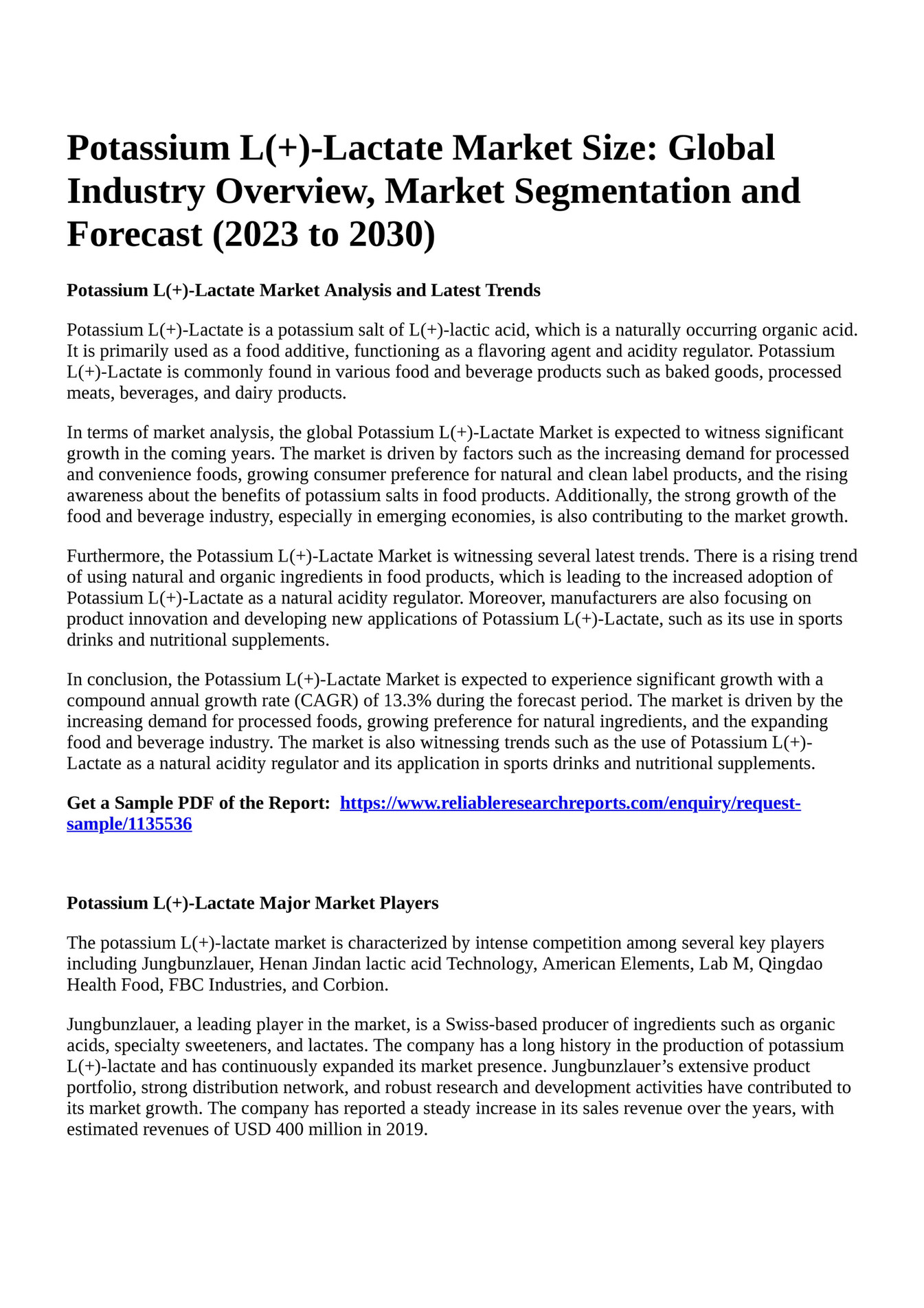 Reportprime Potassium L Lactate Market Size Global Industry