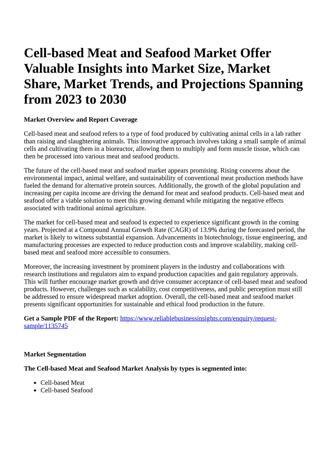 Reportprime Cellbased Meat and Seafood Market Offer Valuable
