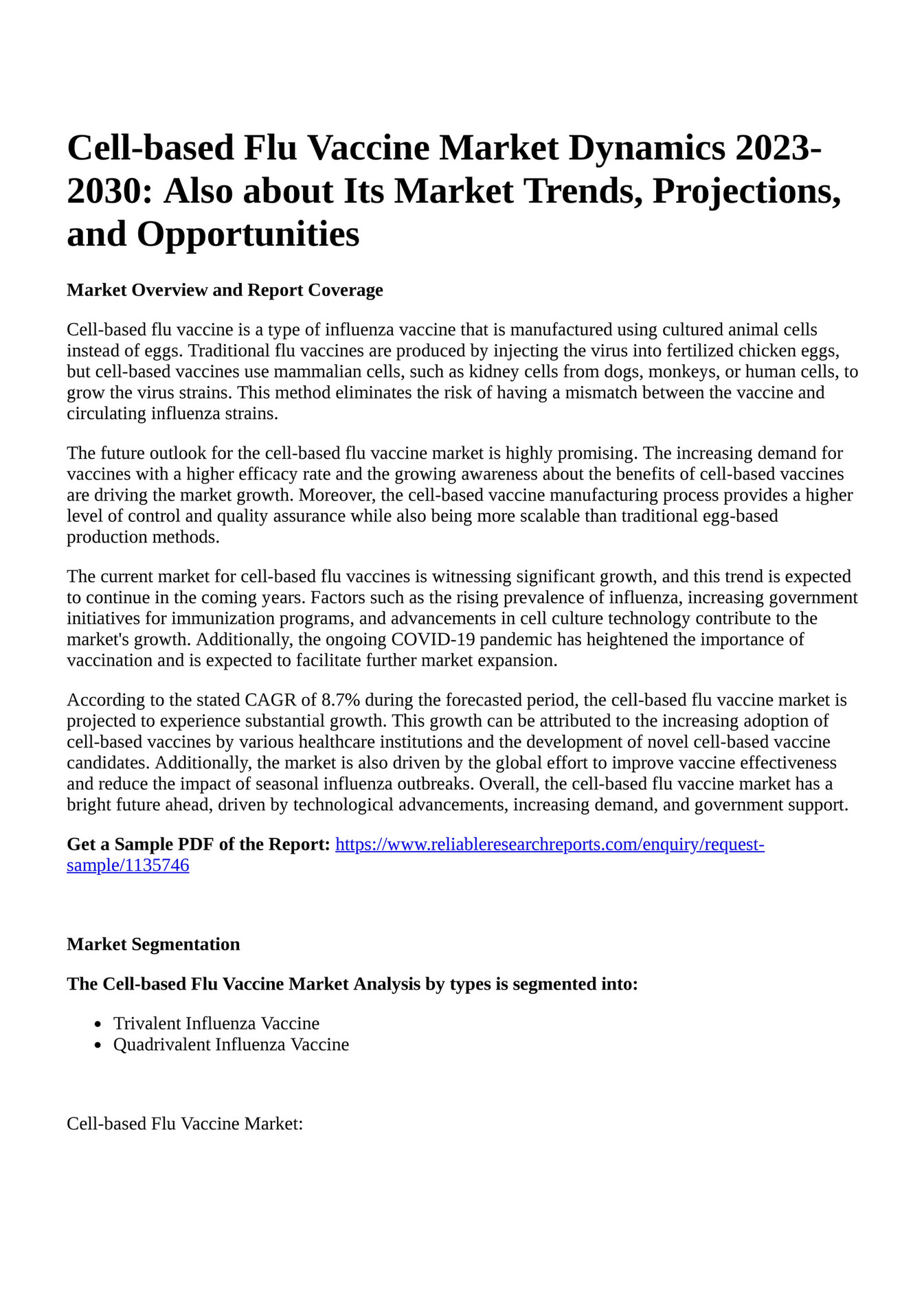 Reportprime Cellbased Flu Vaccine Market Dynamics 20232030 Also