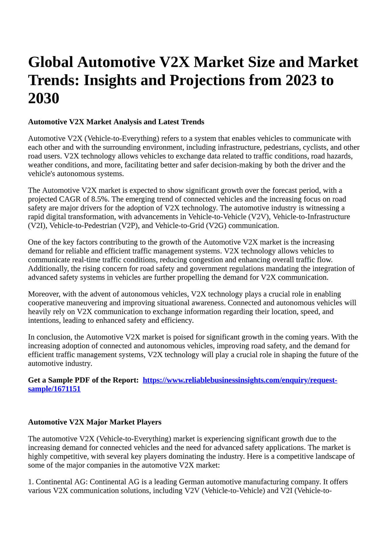 Reportprime Global Automotive V2X Market Size and Market Trends