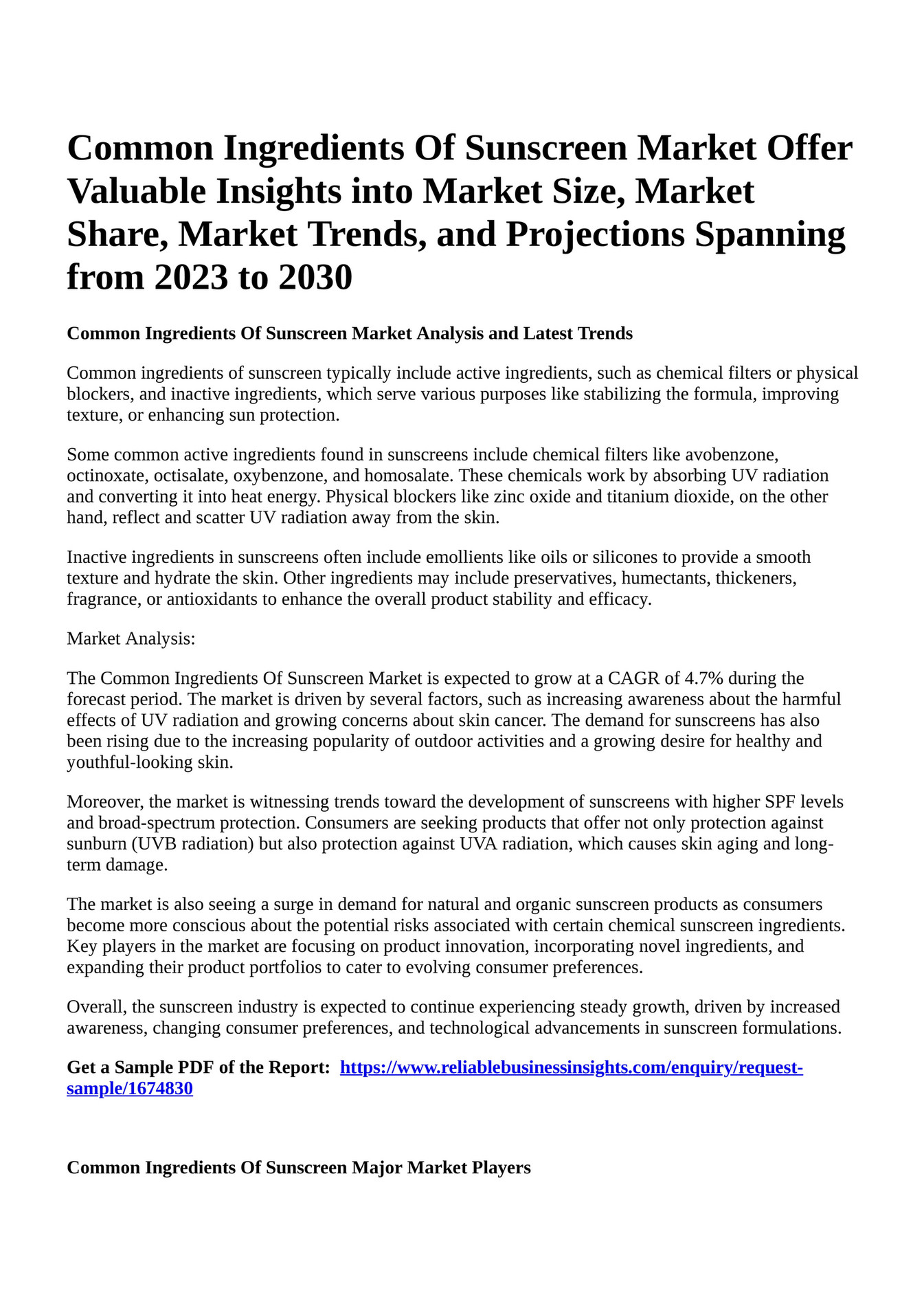 Reportprime Common Ingredients Of Sunscreen Market Offer Valuable