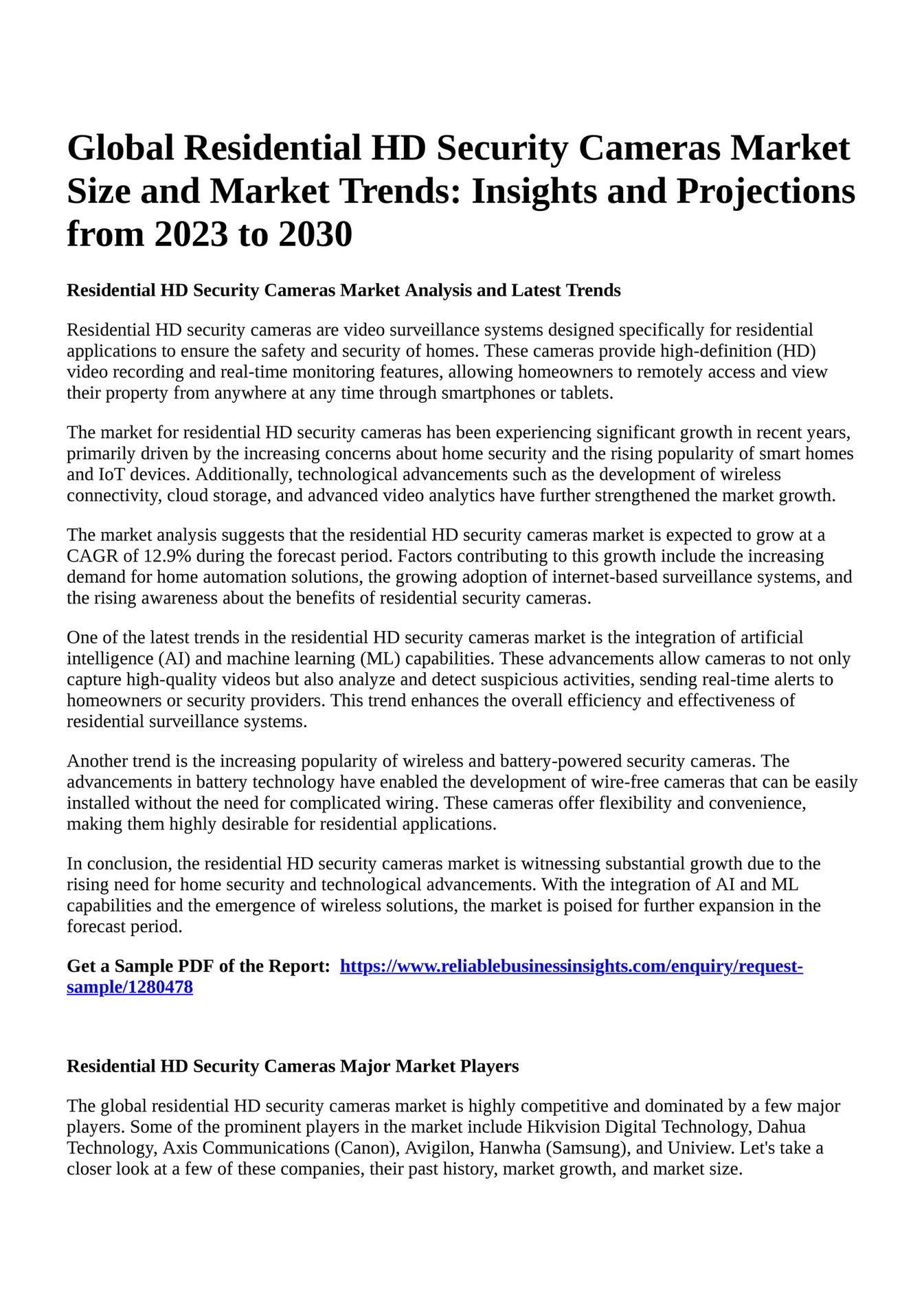 Reportprime Global Residential HD Security Cameras Market Size and