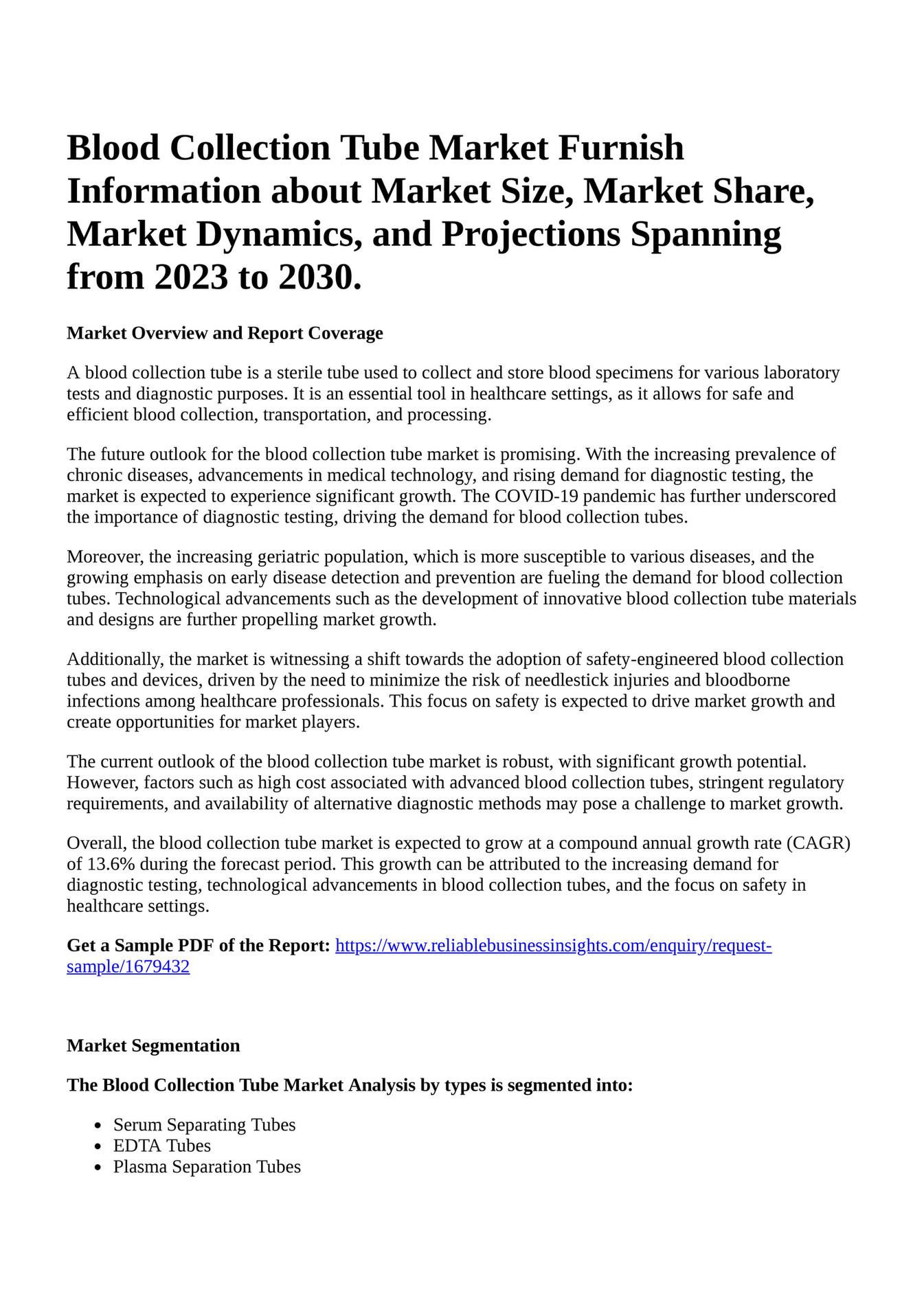 Reportprime Blood Collection Tube Market Furnish Information about Market Size, Market Share