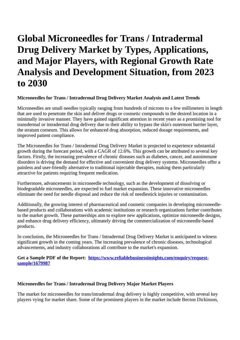 Reportprime - Global Microneedles for Trans / Intradermal Drug Delivery  Market by Types, Applications, and Major Players, with Regional Growth Rate  Analysis and Development Situation, from 2023 to 2030 - Page 1