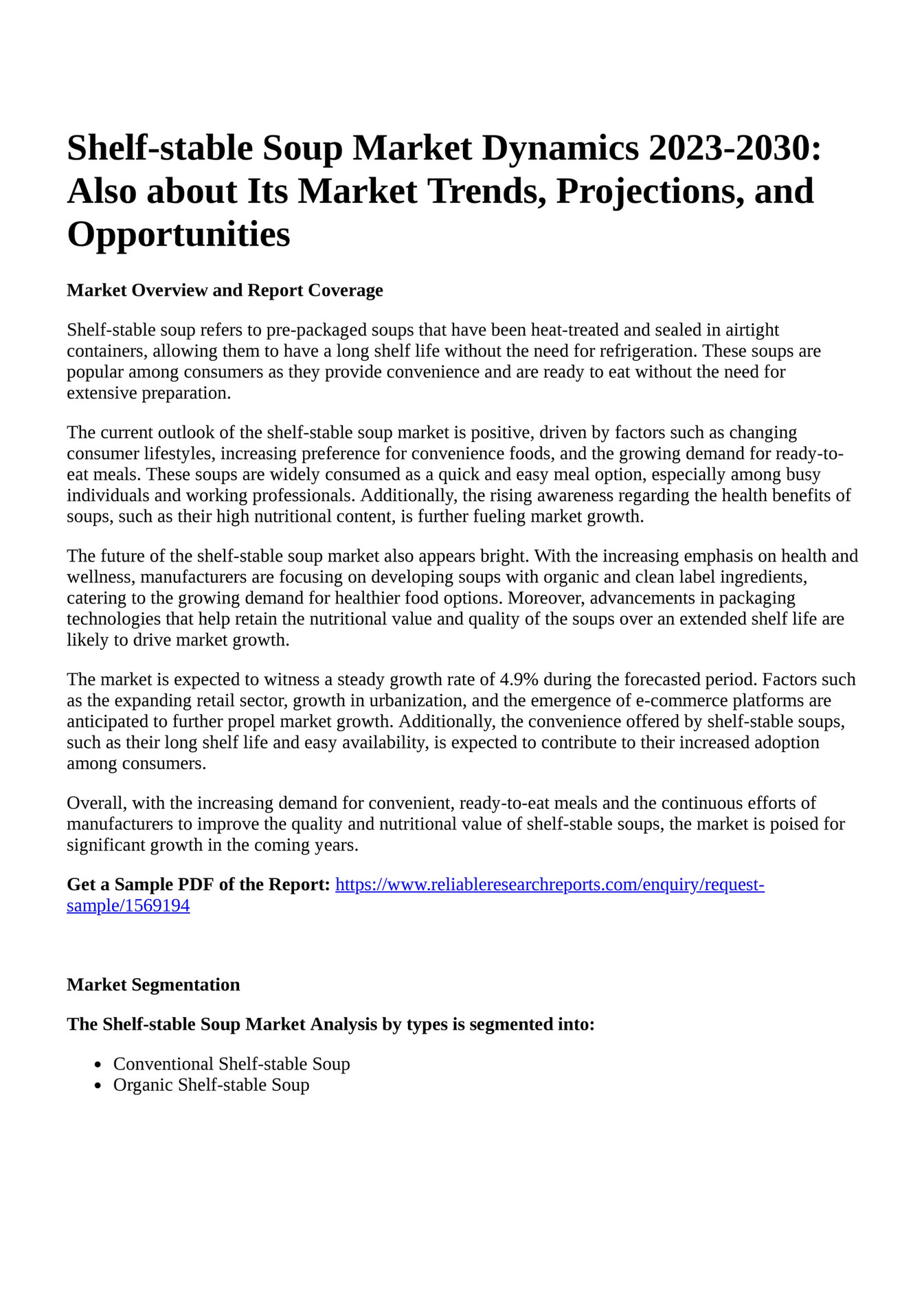 Reportprime Shelfstable Soup Market Dynamics 20232030 Also about