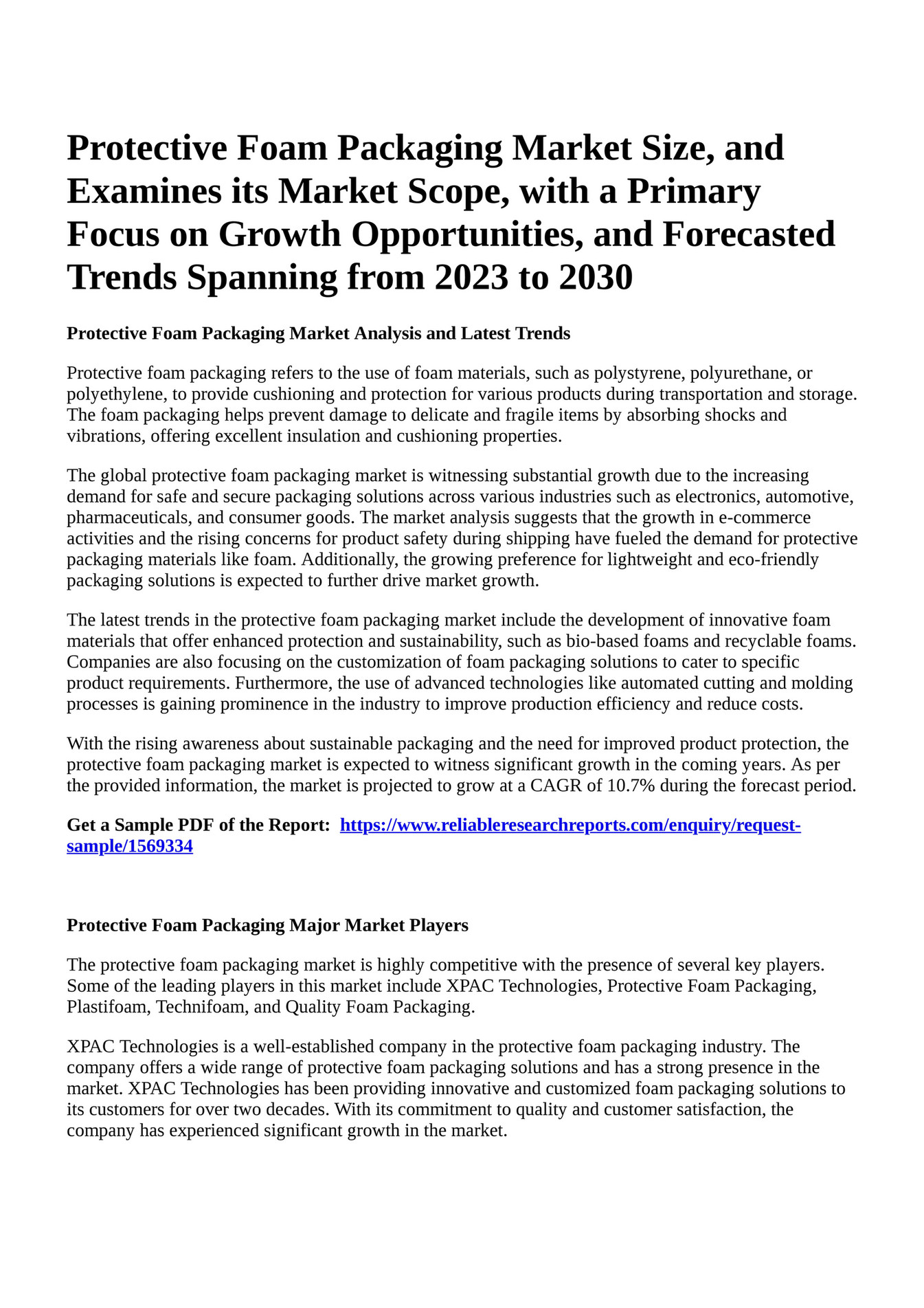 Reportprime Protective Foam Packaging Market Size, and Examines its