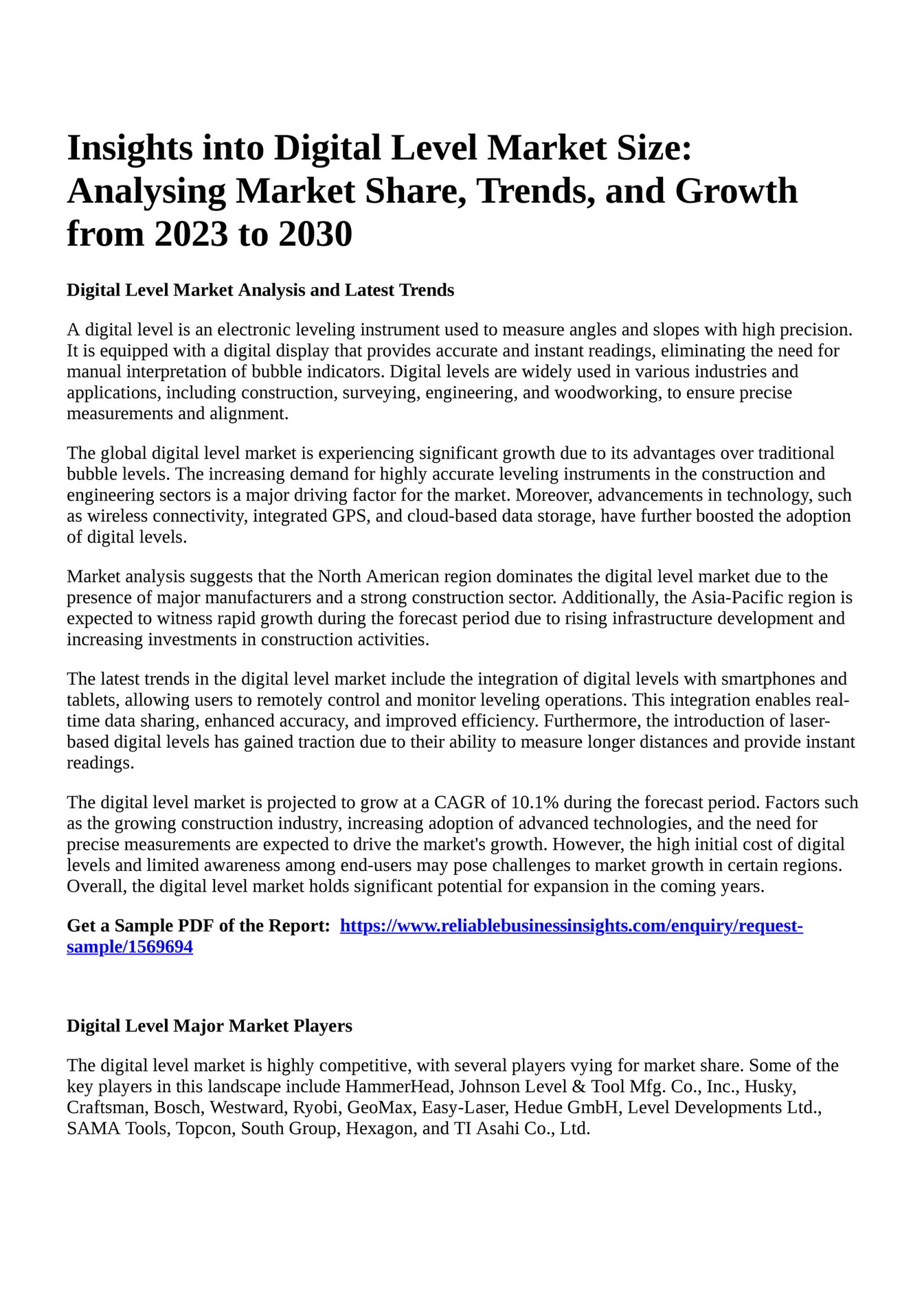 Reportprime Insights into Digital Level Market Size Analysing Market