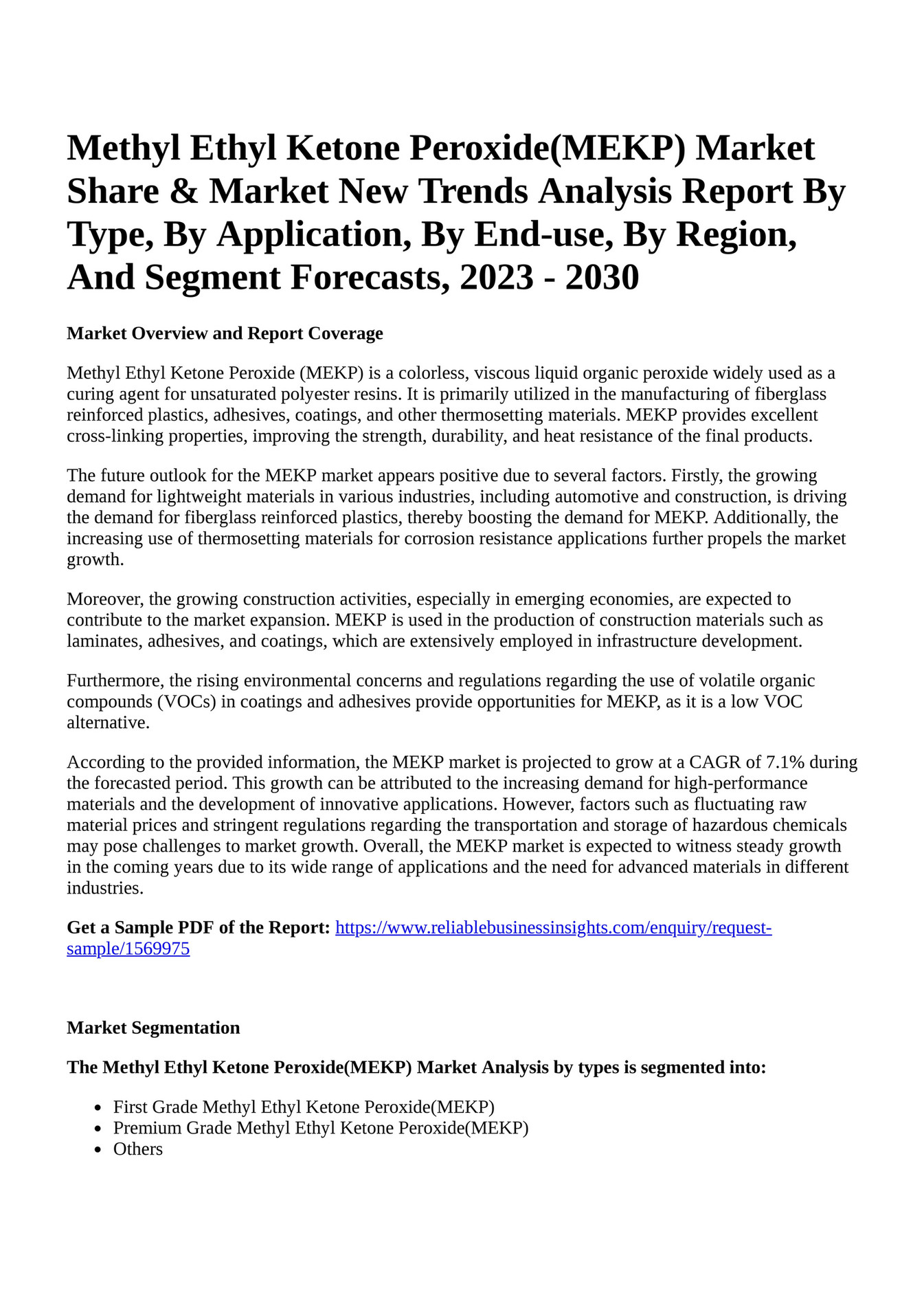 Reportprime - Methyl Ethyl Ketone Peroxide(MEKP) Market Share & Market ...