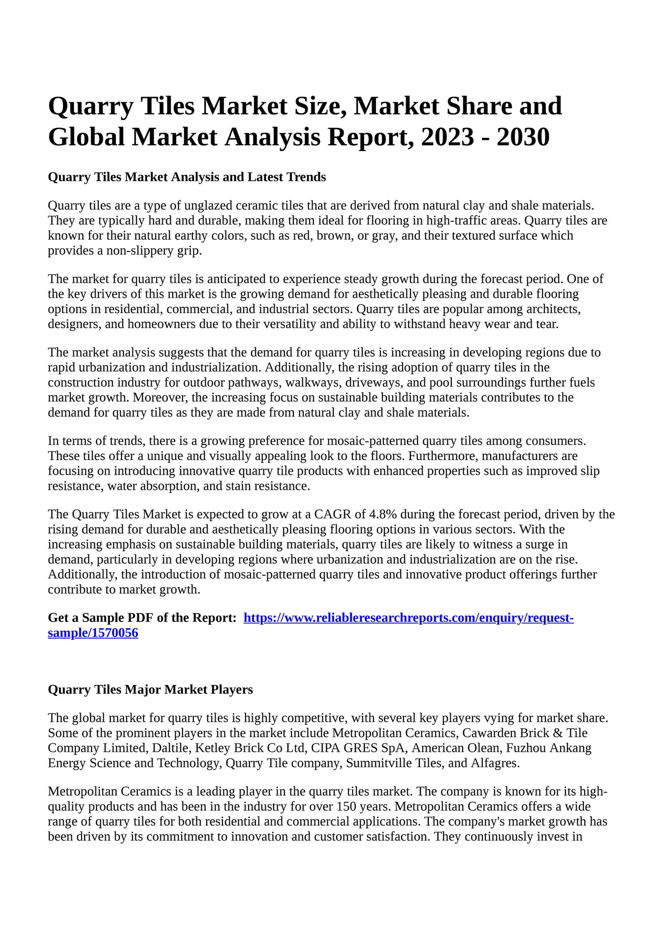 Reportprime Quarry Tiles Market Size, Market Share and Global Market