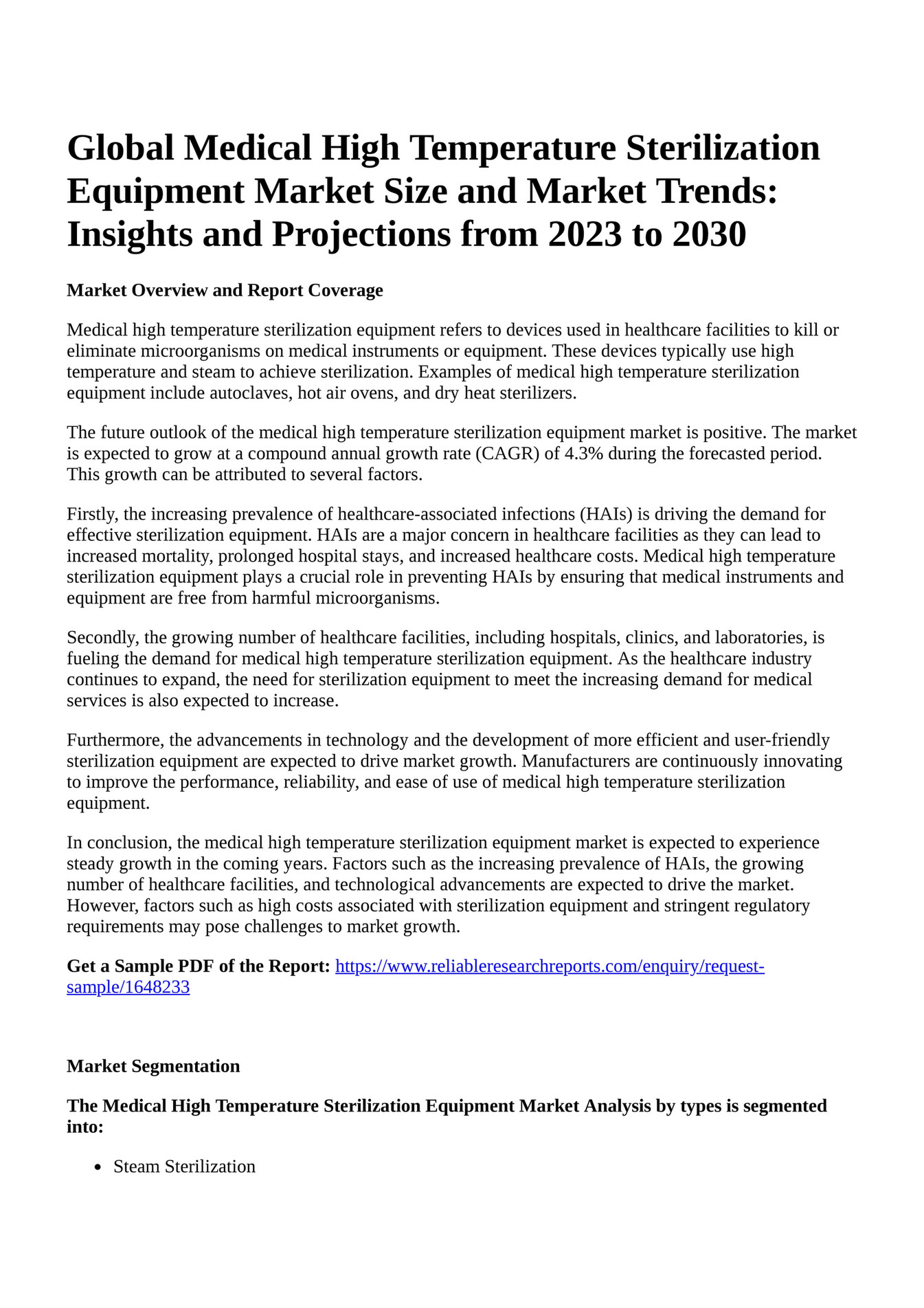 Reportprime Global Medical High Temperature Sterilization Equipment