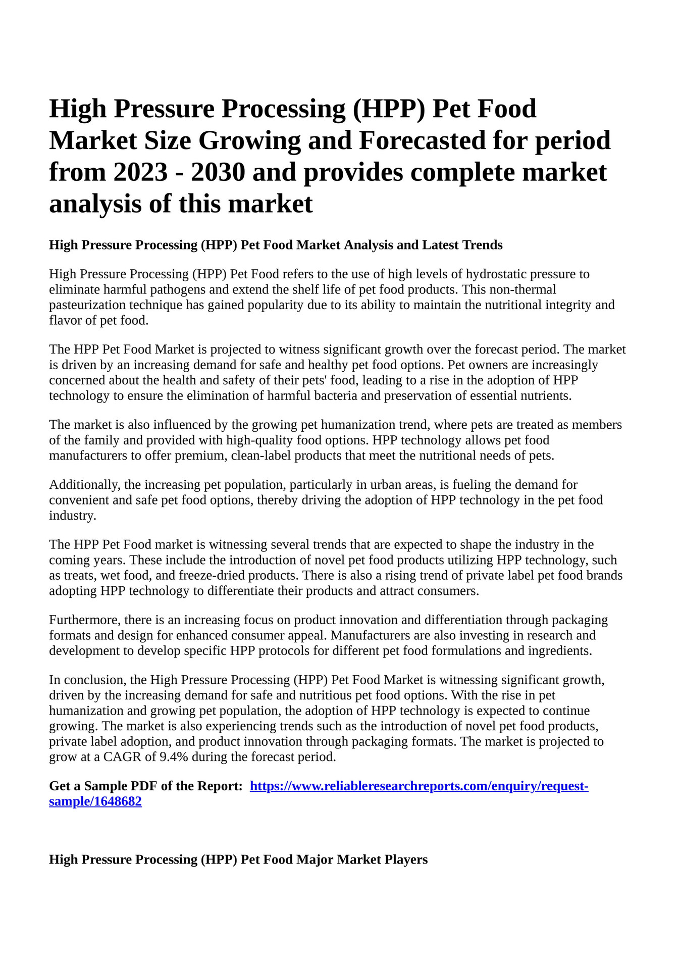 Reportprime High Pressure Processing (HPP) Pet Food Market Size Growing and Forecasted for