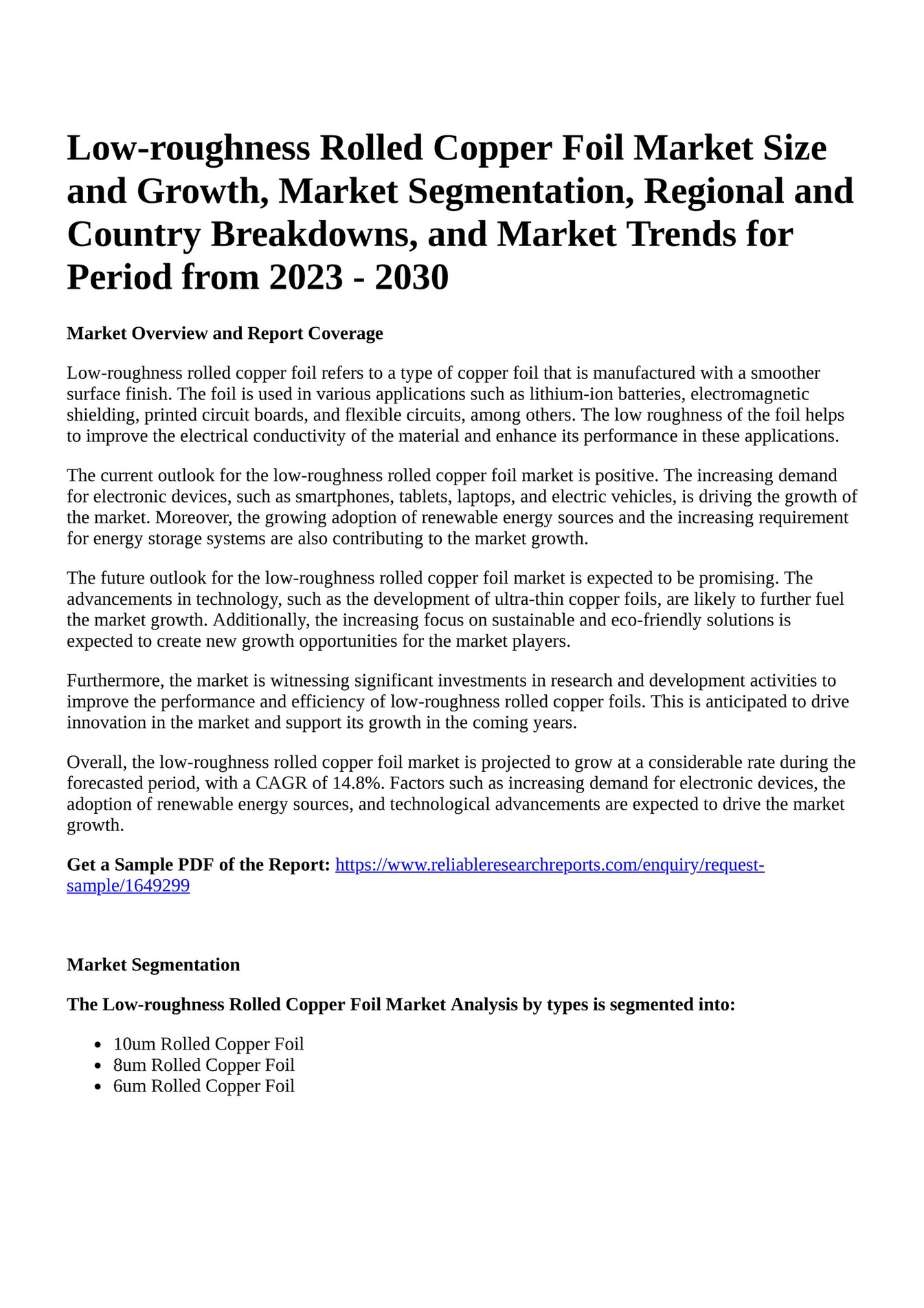 Reportprime Lowroughness Rolled Copper Foil Market Size and Growth