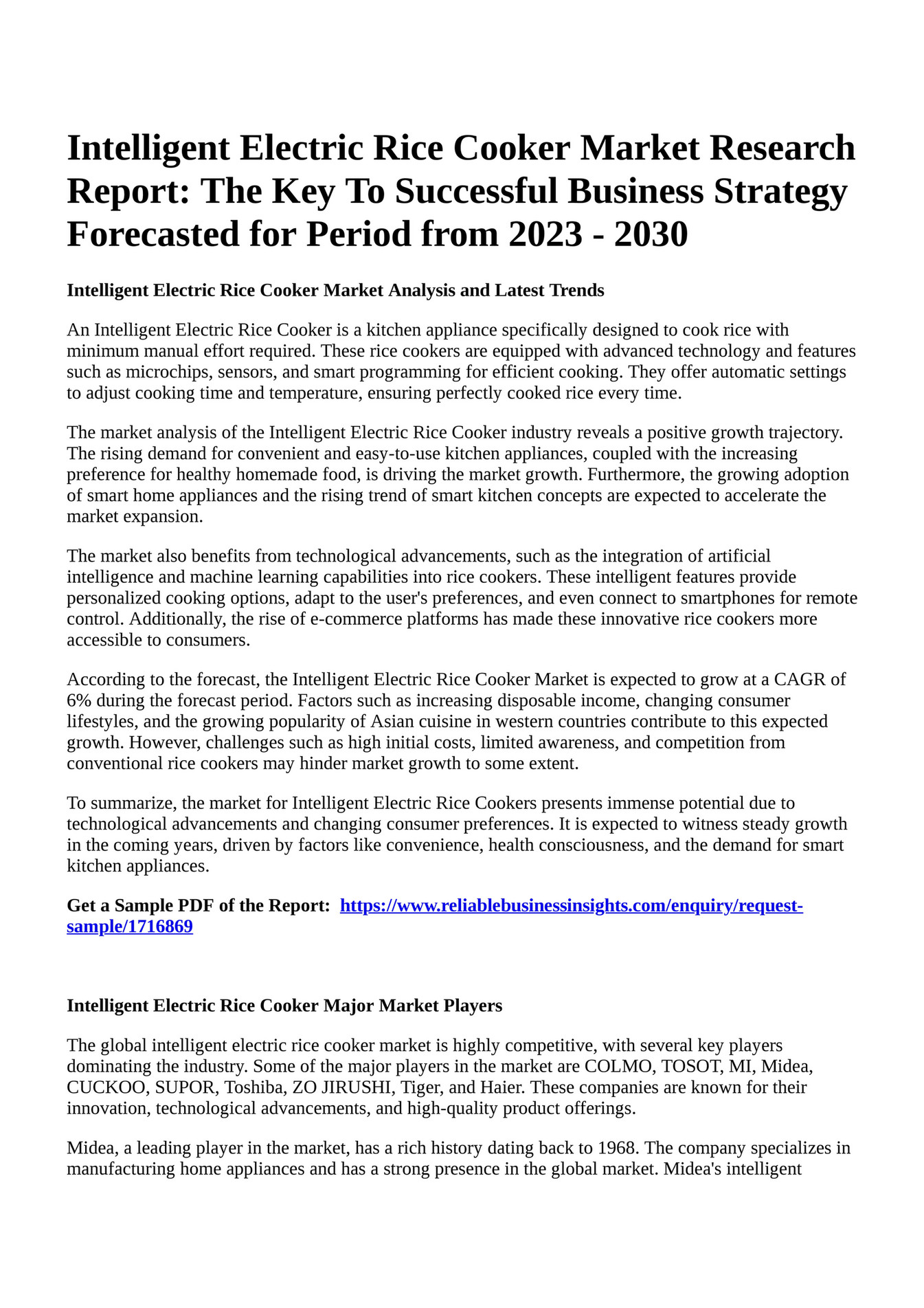 Reportprime Intelligent Electric Rice Cooker Market Research Report