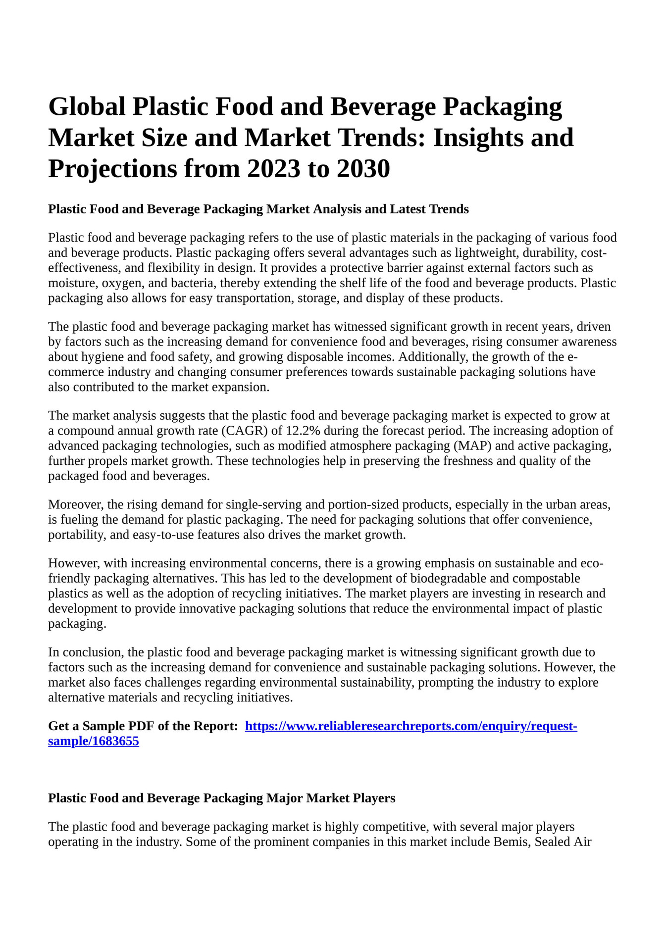 Reportprime Global Plastic Food and Beverage Packaging Market Size