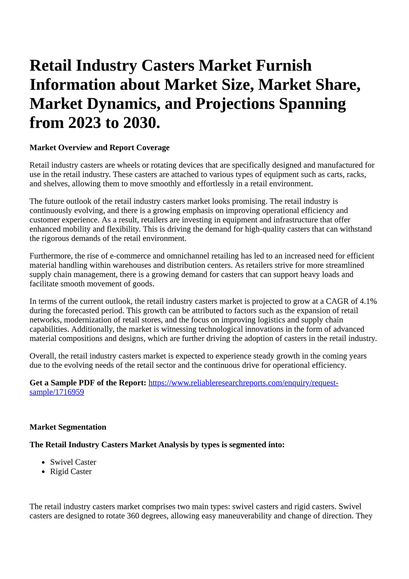 Reportprime Retail Industry Casters Market Furnish Information about