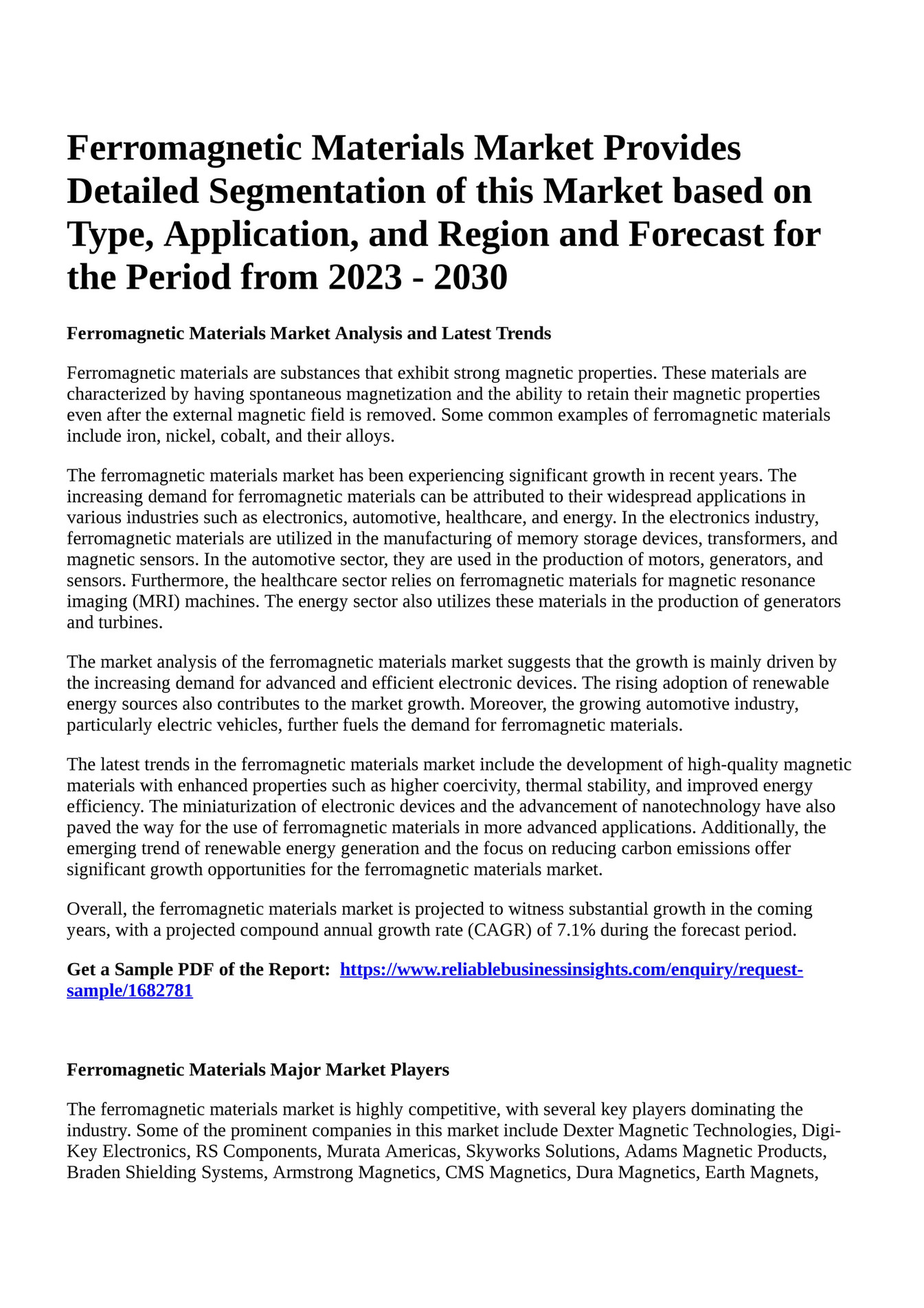 Reportprime Materials Market Provides Detailed